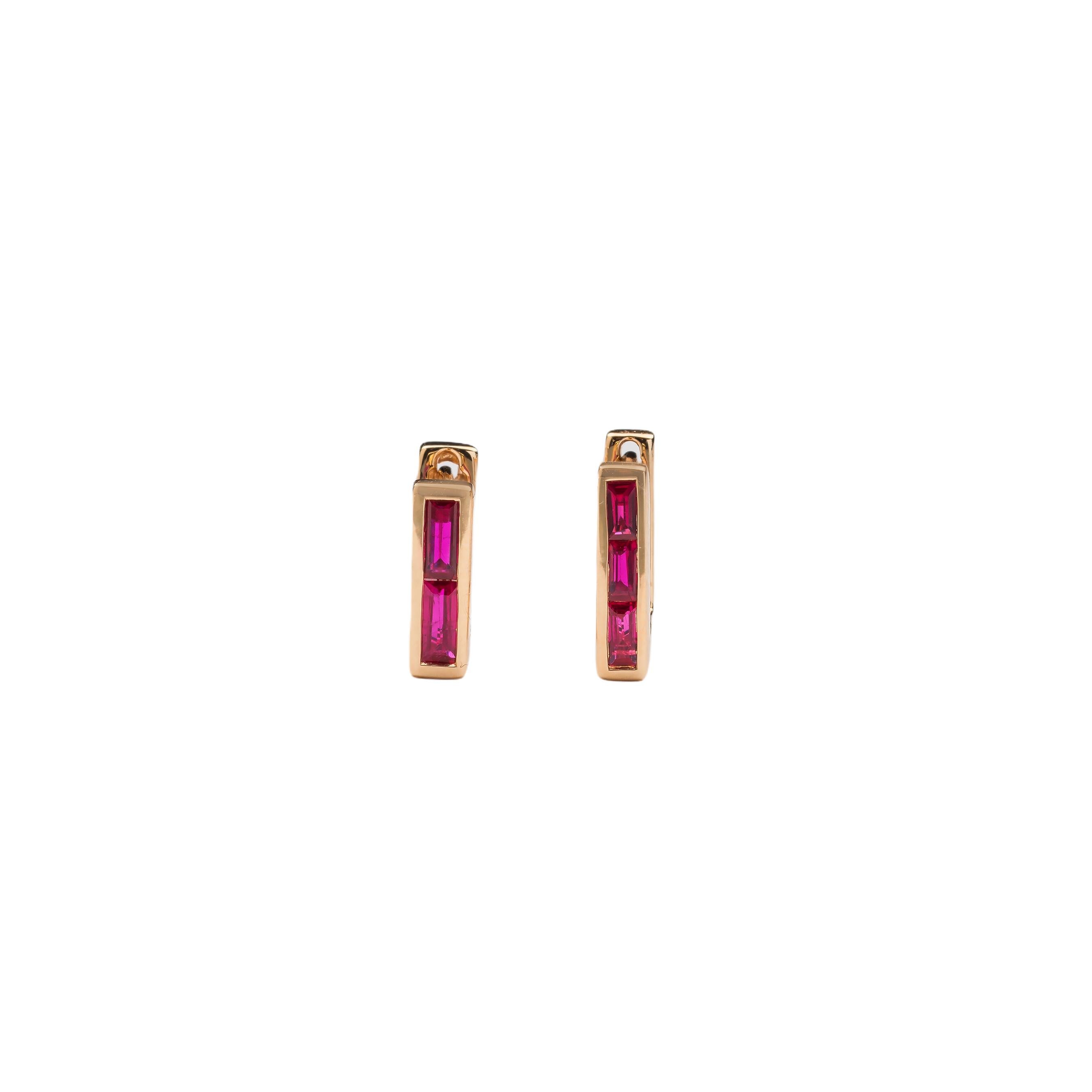Baguette Cut Skinny Square Huggie Earrings with Three Ruby Baguettes For Sale