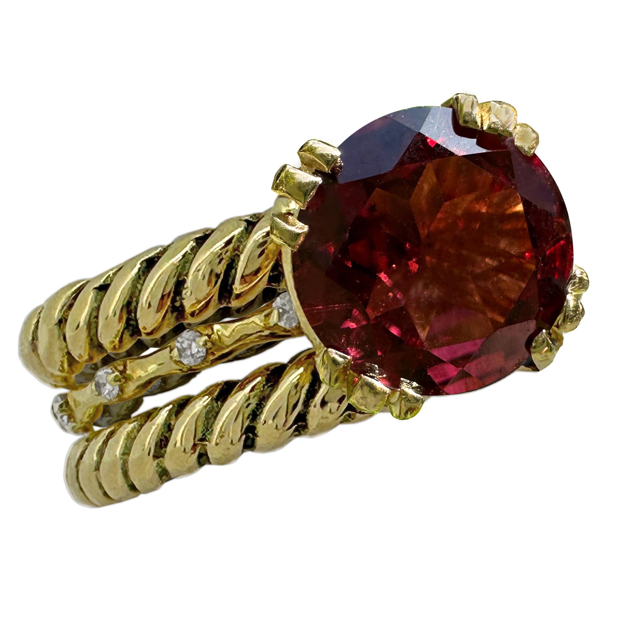 "Skinny Twist" Stacker Set: Rhodolite Solitaire w Diamonds + Two 18K Gold Bands For Sale