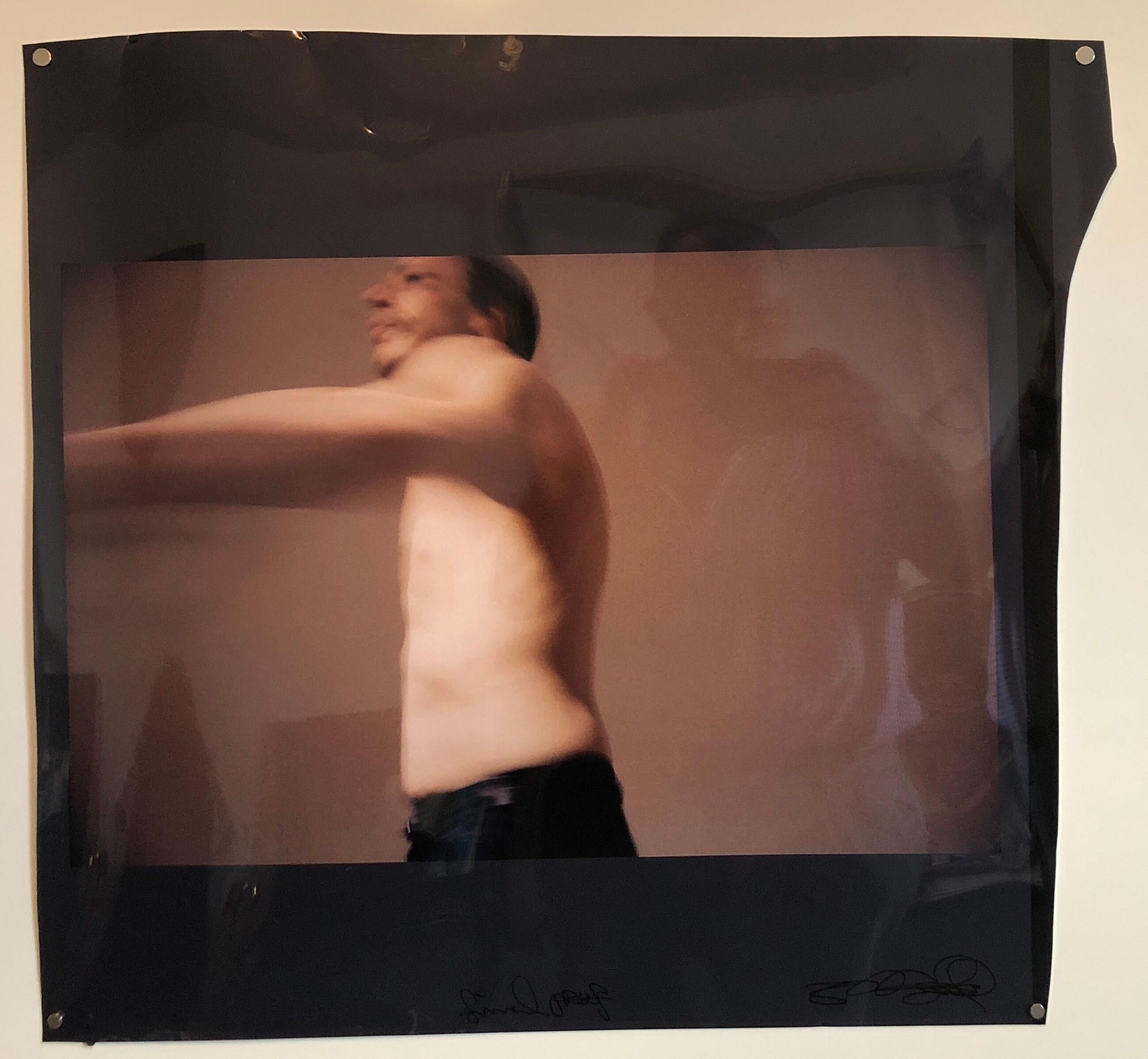 C-print on pearlescent photographic paper. Signed and inscribed Final Proof. Unevenly cut borders. dancing shirtless sideways with arm out.

Skip Arnold was born in Binghamton, New York and currently lives and works in Marseille, France. 
Skip