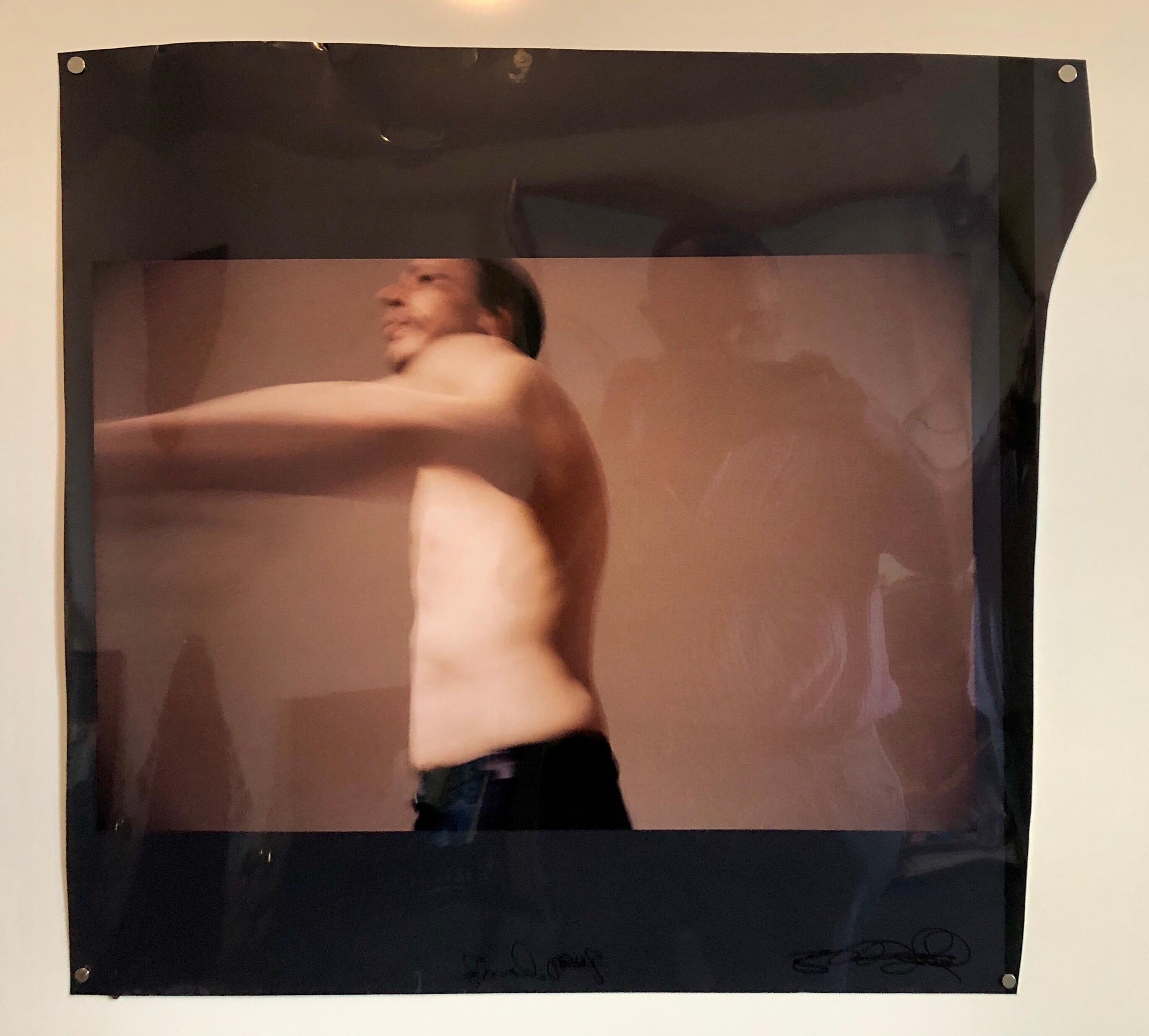 C-print on pearlescent photographic paper. Signed and inscribed Final Proof. Unevenly cut borders. dancing shirtless sideways with arm out.

Skip Arnold was born in Binghamton, New York and currently lives and works in Marseille, France. 
Skip