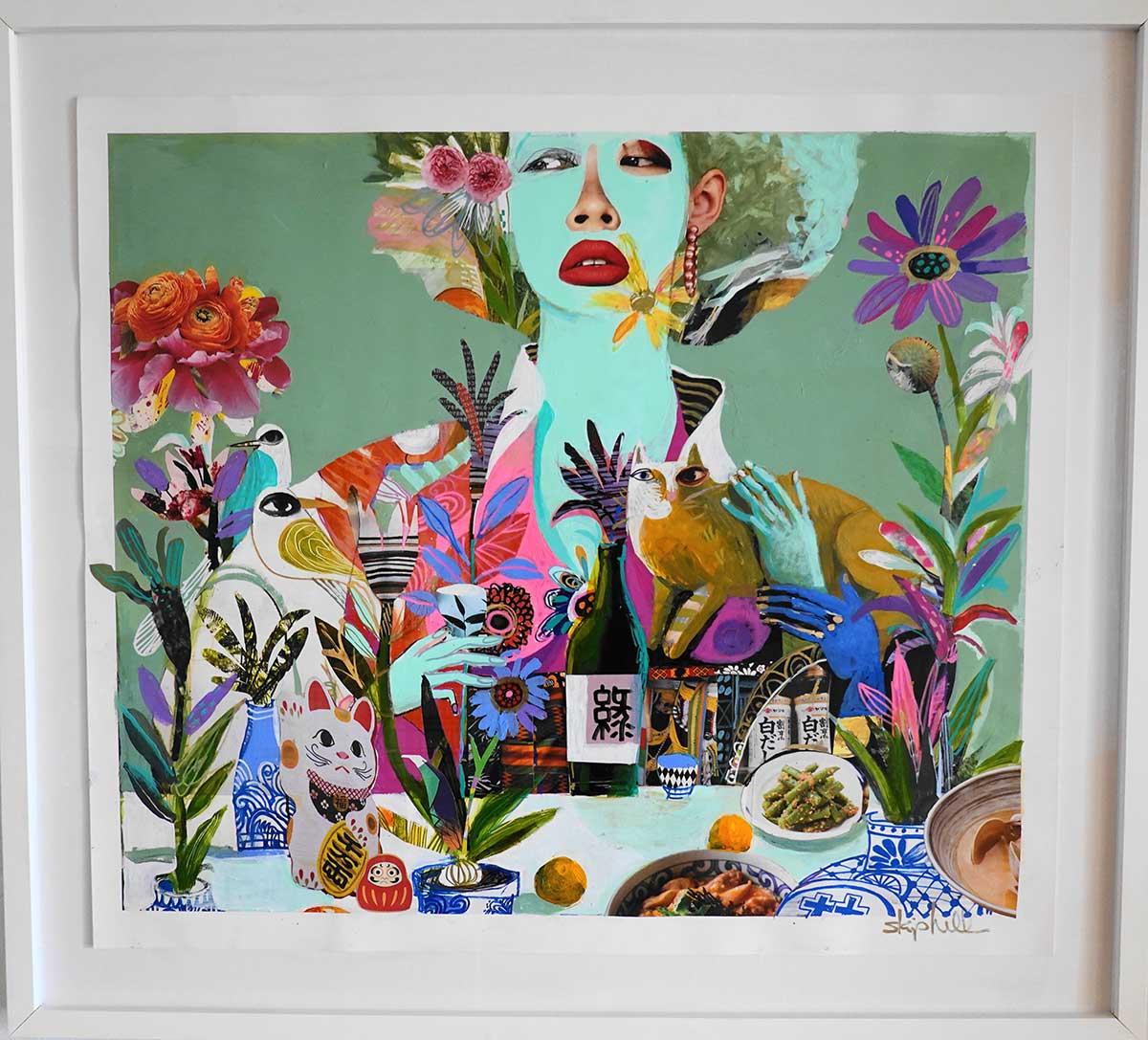 This 26.5" x 29.5" by American artist, Skip Hill, is a vibrant mixed media collage/painting combining abstracted figures with stylized vases and domestic objects, adhering to the stylistic qualities of the Pop Art movement. The abstracted cats and
