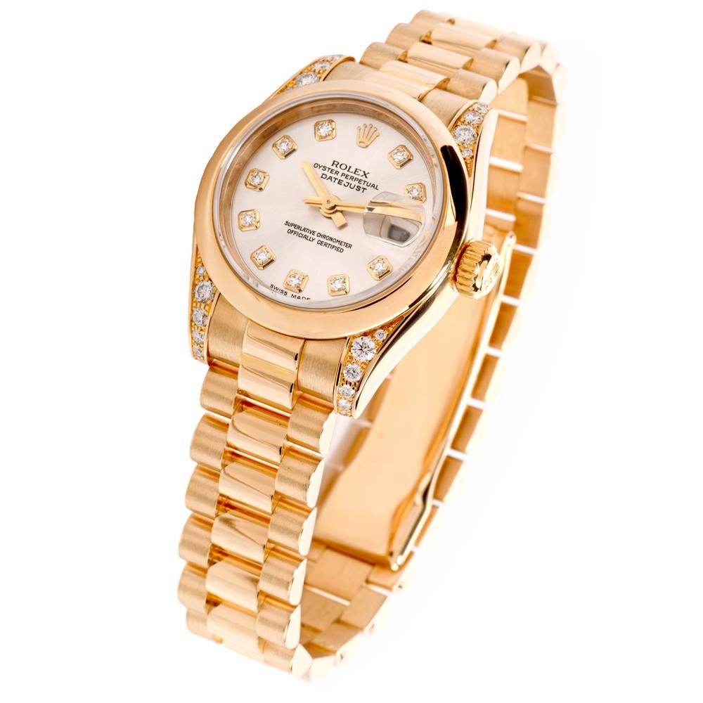 Round Cut Rolex President Diamond Datejust 26mm Ladies 18K Gold Watch REF 2038883