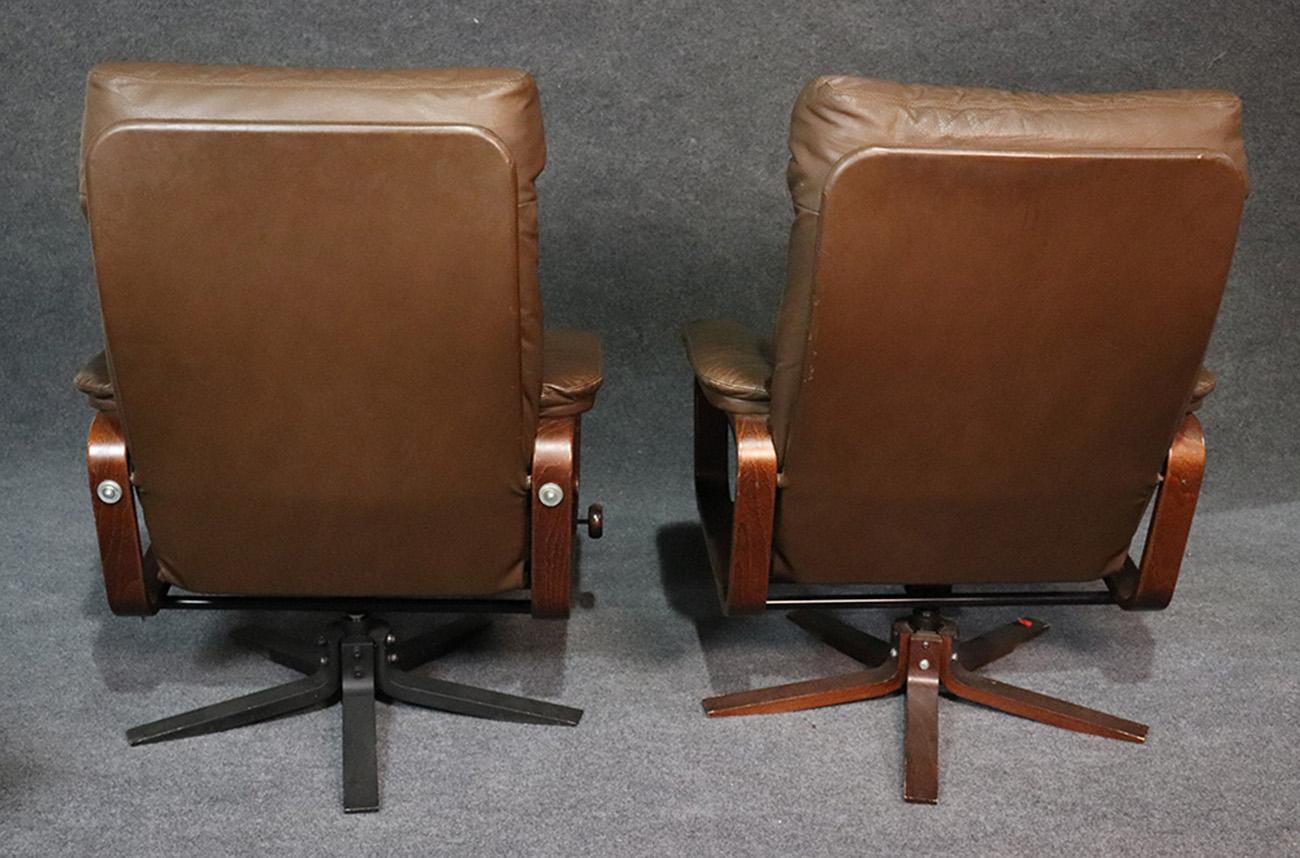 Mid-20th Century Skippers Mobler Pair of Leather Signed Danish Modern Reclining Chairs W Ottomans
