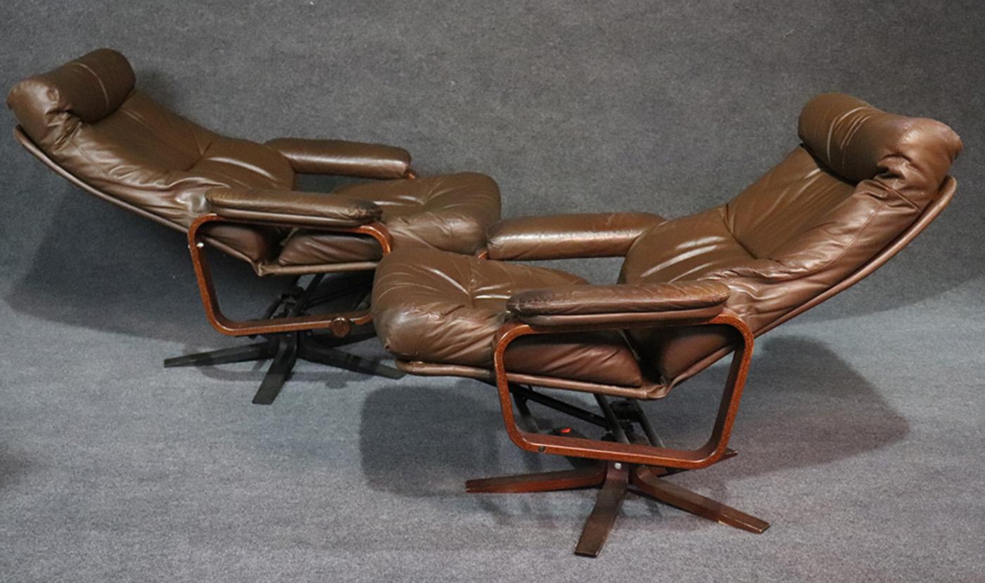 Skippers Mobler Pair of Leather Signed Danish Modern Reclining Chairs W Ottomans 4