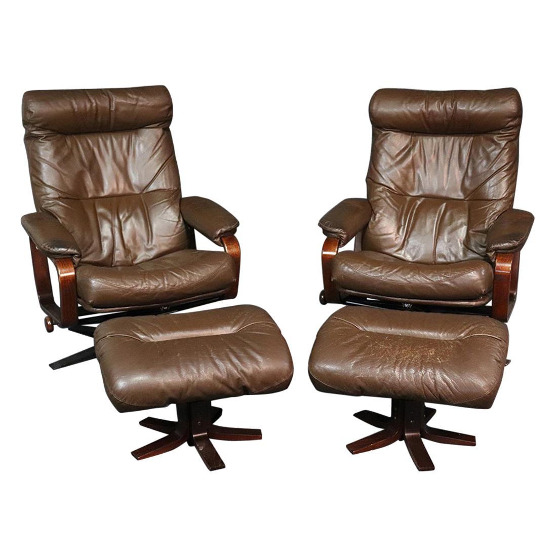 Skippers Mobler Pair of Leather Signed Danish Modern Reclining Chairs W Ottomans