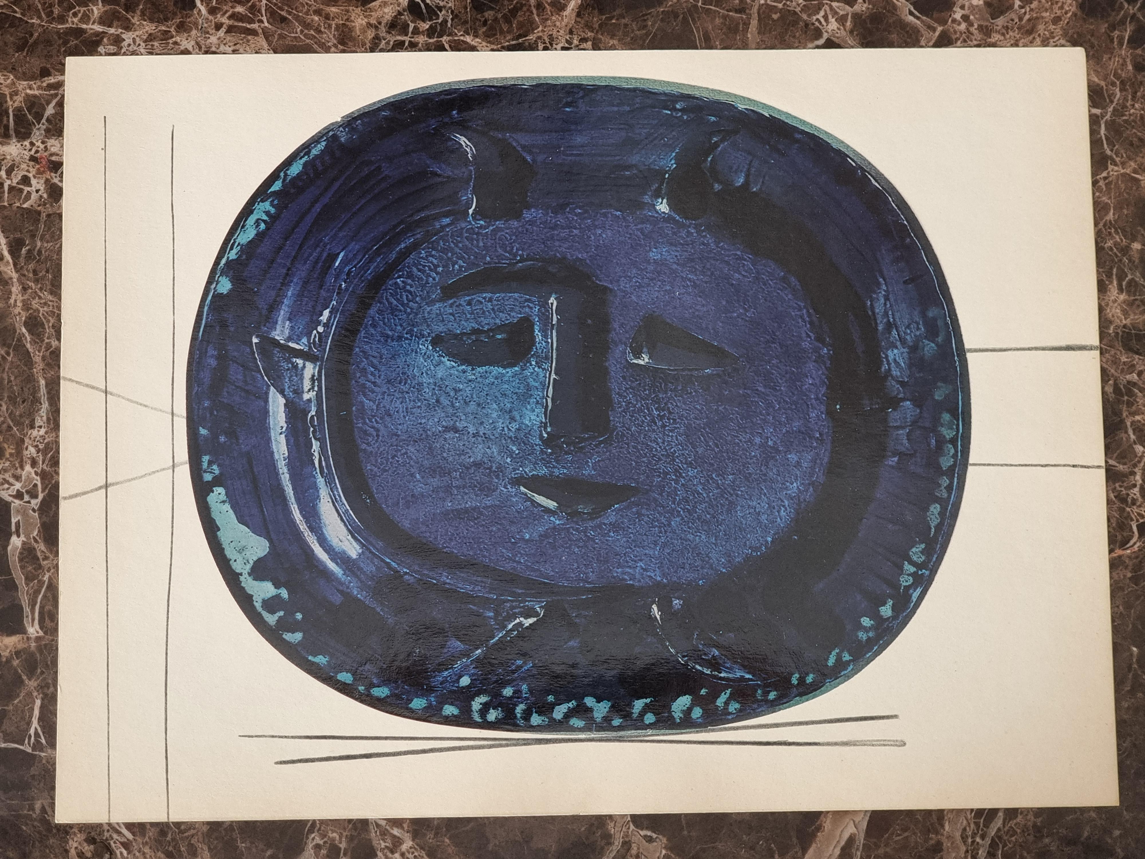 Swiss Skira/ Picasso Print of Face in Blue, Ceramic Plate from 