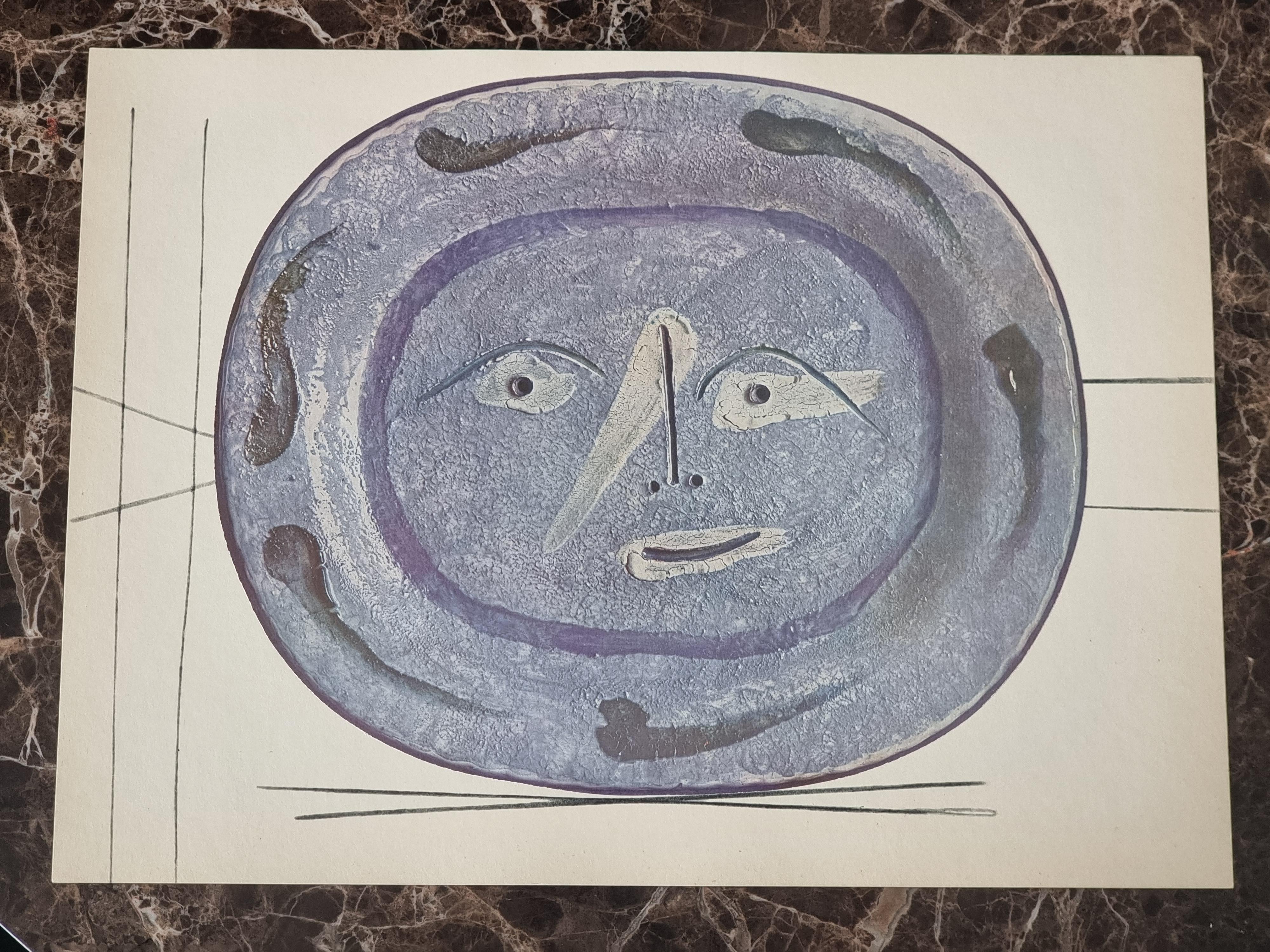 Swiss Skira/ Picasso Print of Face in Blue, Ceramic Plate from 