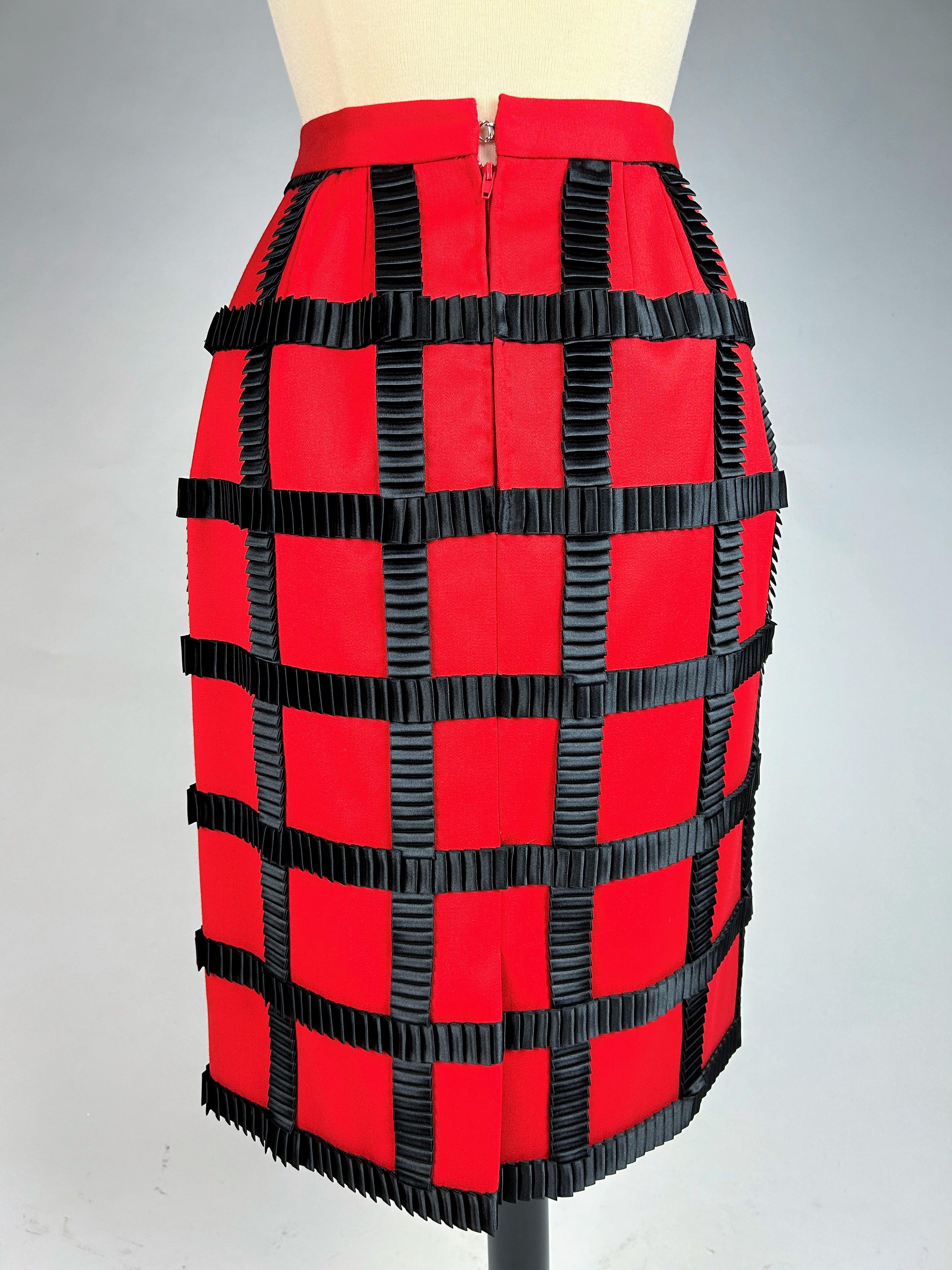 Skirt by Paco Rabanne with black ribbons on red wool - Spring Summer 1989 For Sale 6