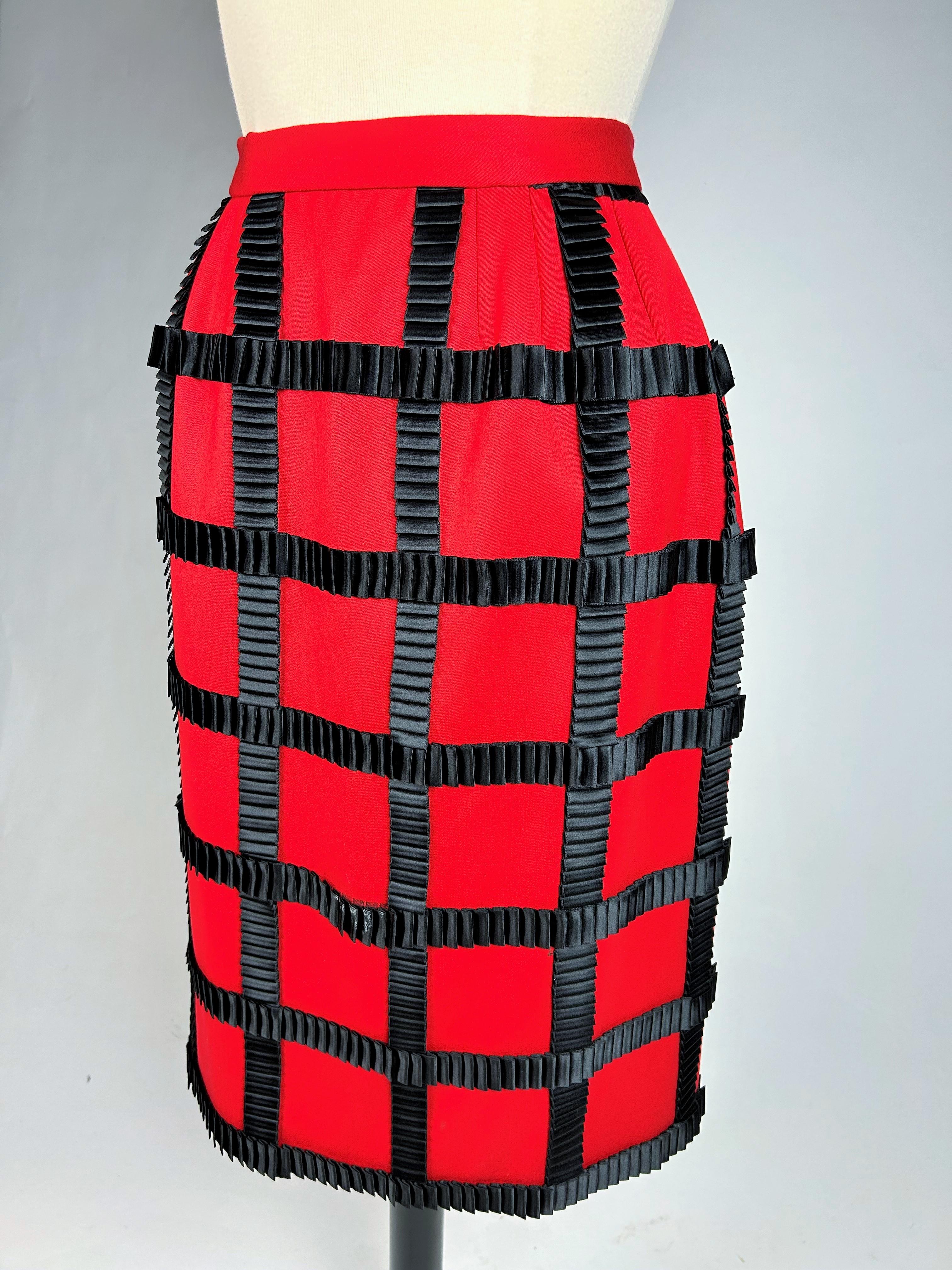 Skirt by Paco Rabanne with black ribbons on red wool - Spring Summer 1989 For Sale 1