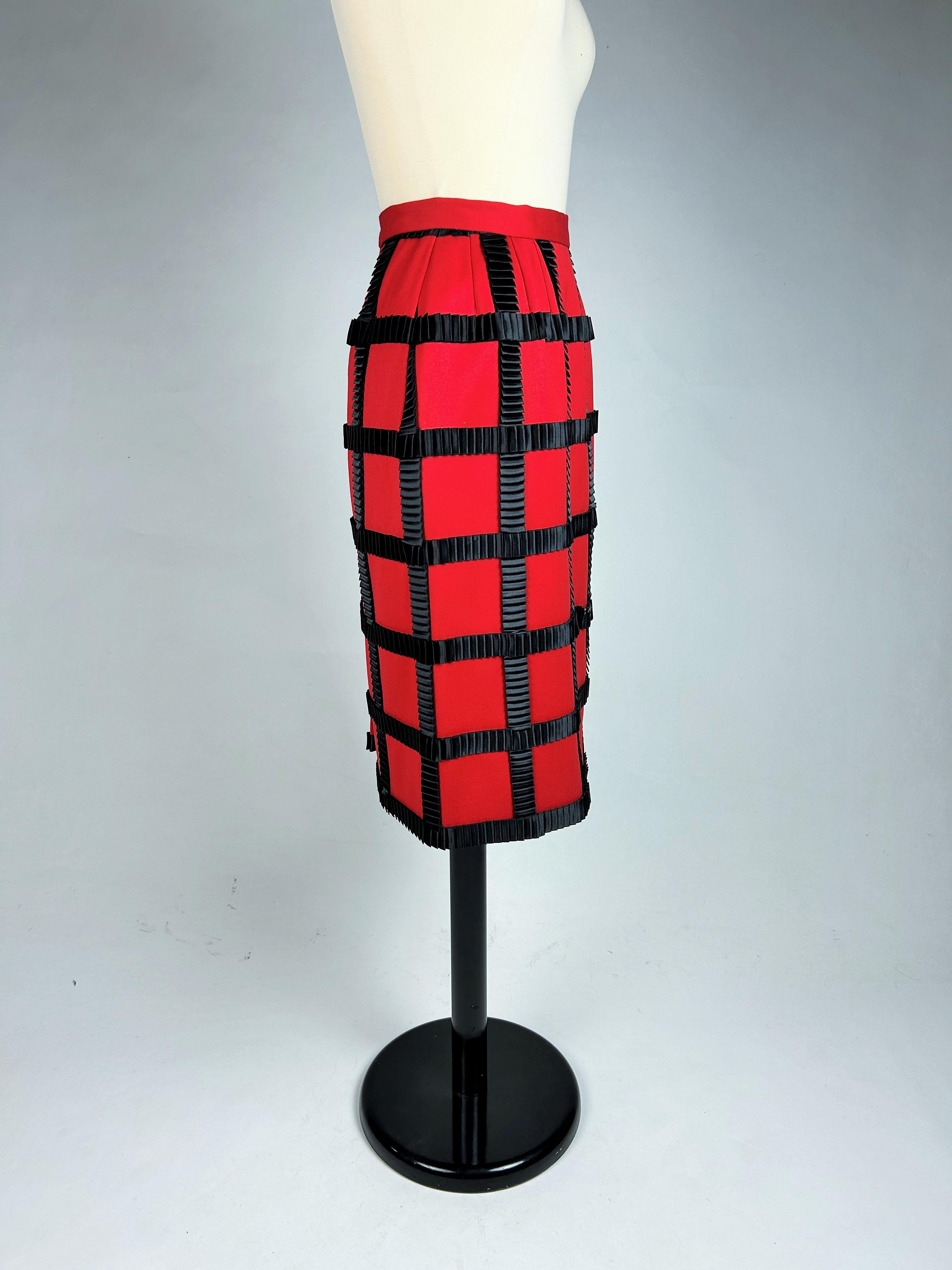 Skirt by Paco Rabanne with black ribbons on red wool - Spring Summer 1989 For Sale 3