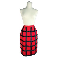 Retro Skirt by Paco Rabanne with black ribbons on red wool - Spring Summer 1989
