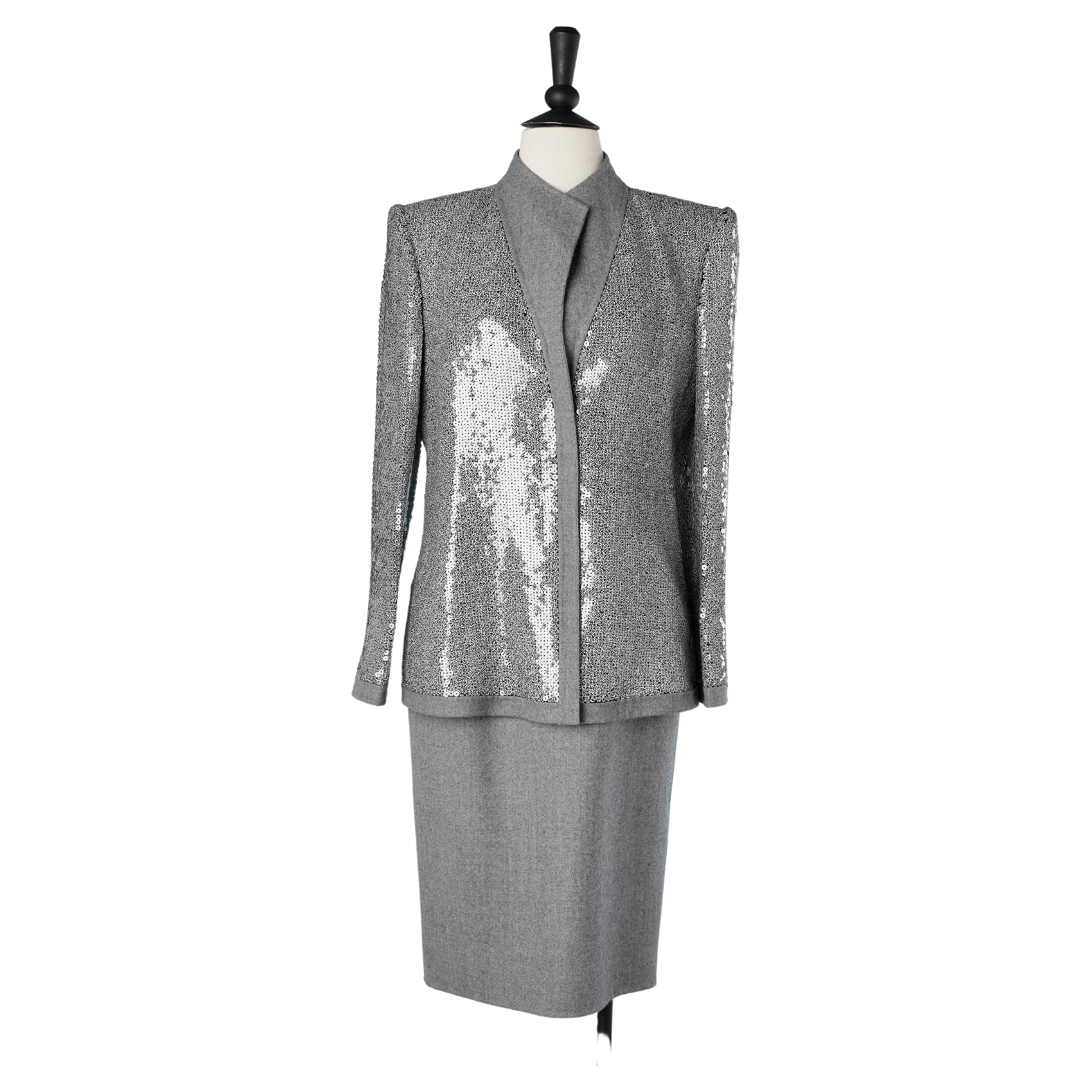 Skirt suit in grey wool and black&white sequin Numbered André Laug 
