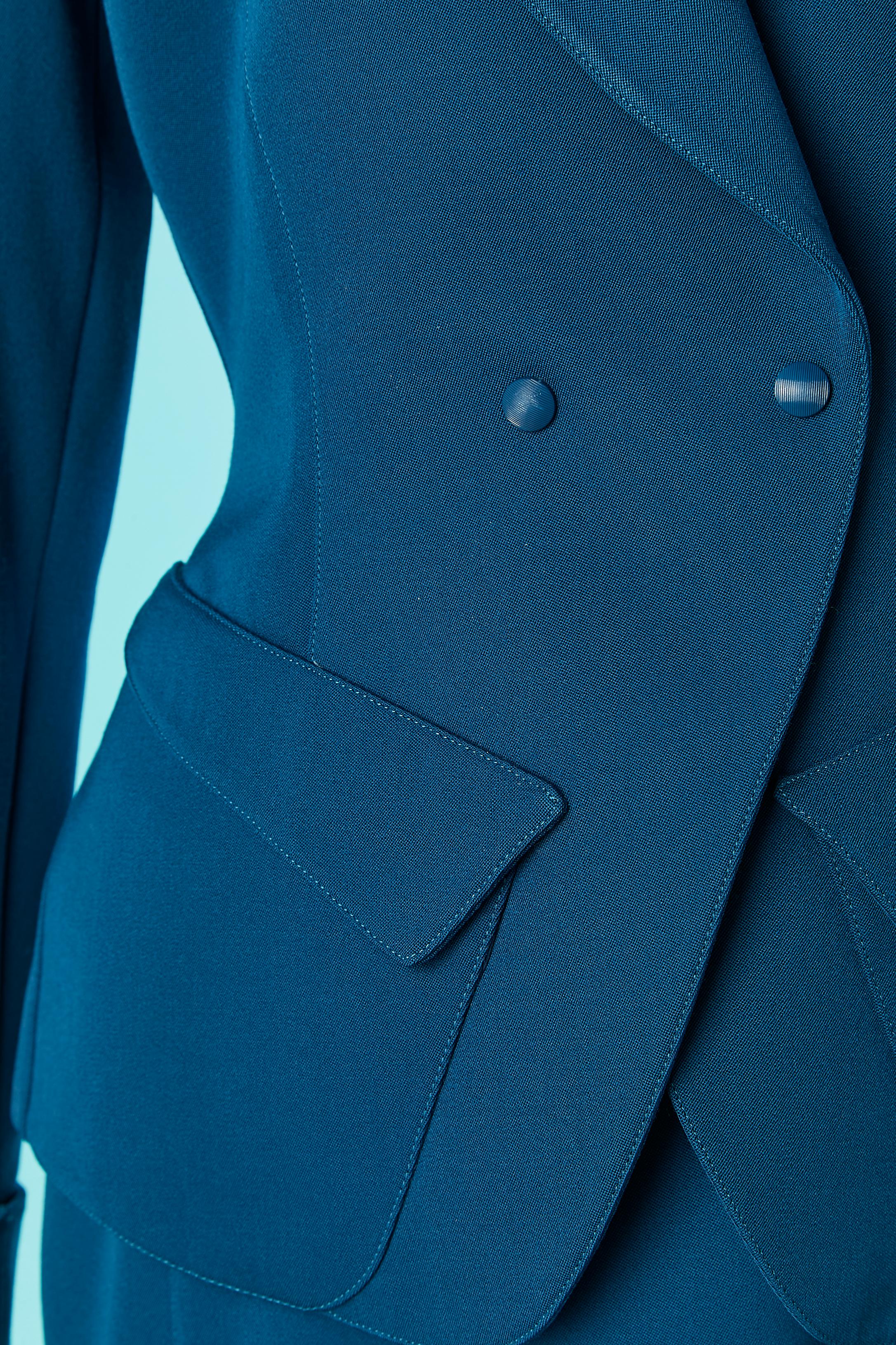 Rock-Anzug mit doppelreihiger Jacke und Schnappverschluss Thierry Mugler  (Blau) im Angebot