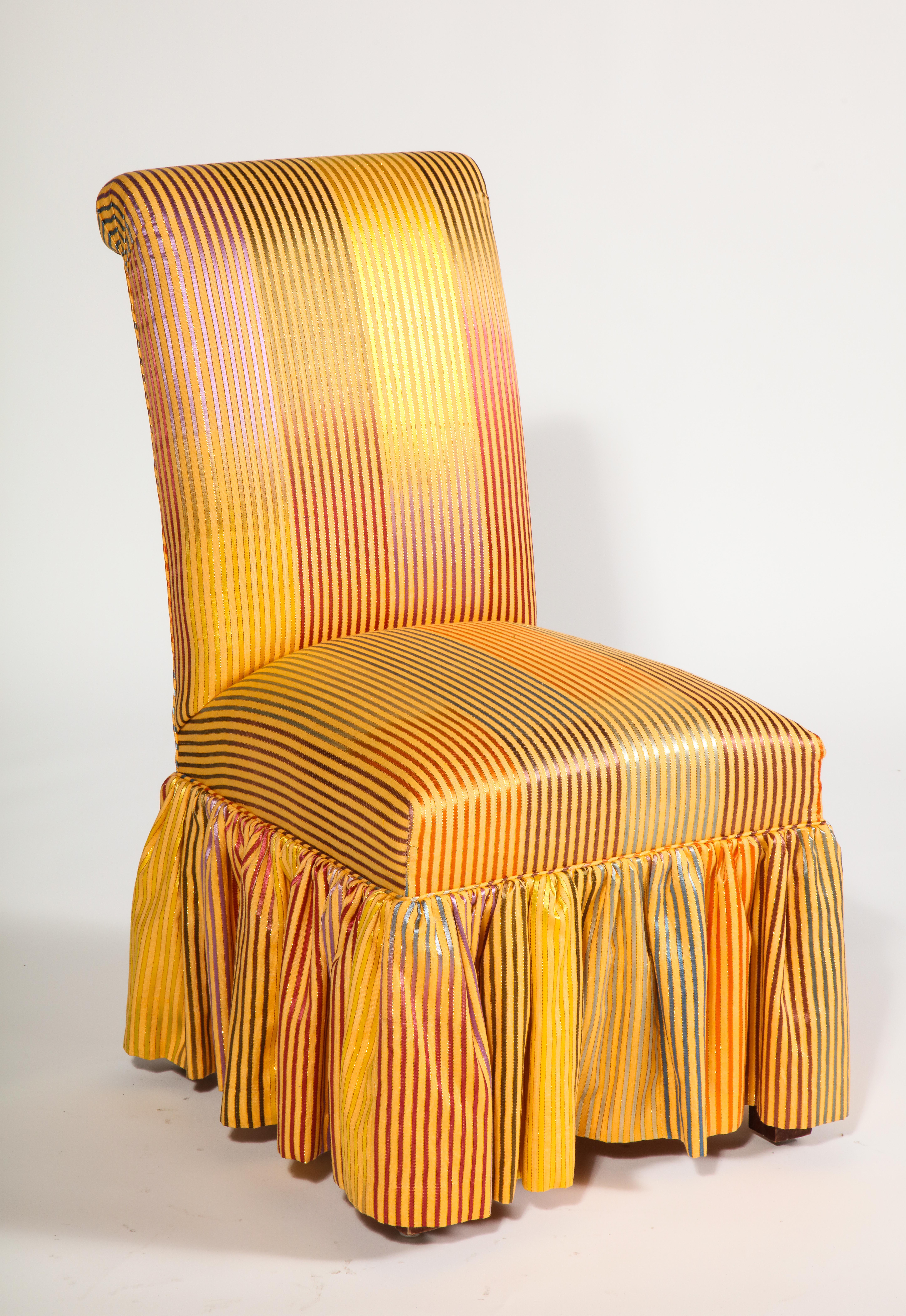 Fabric Skirted Side Chair with Metallic Iridescent Stripes For Sale