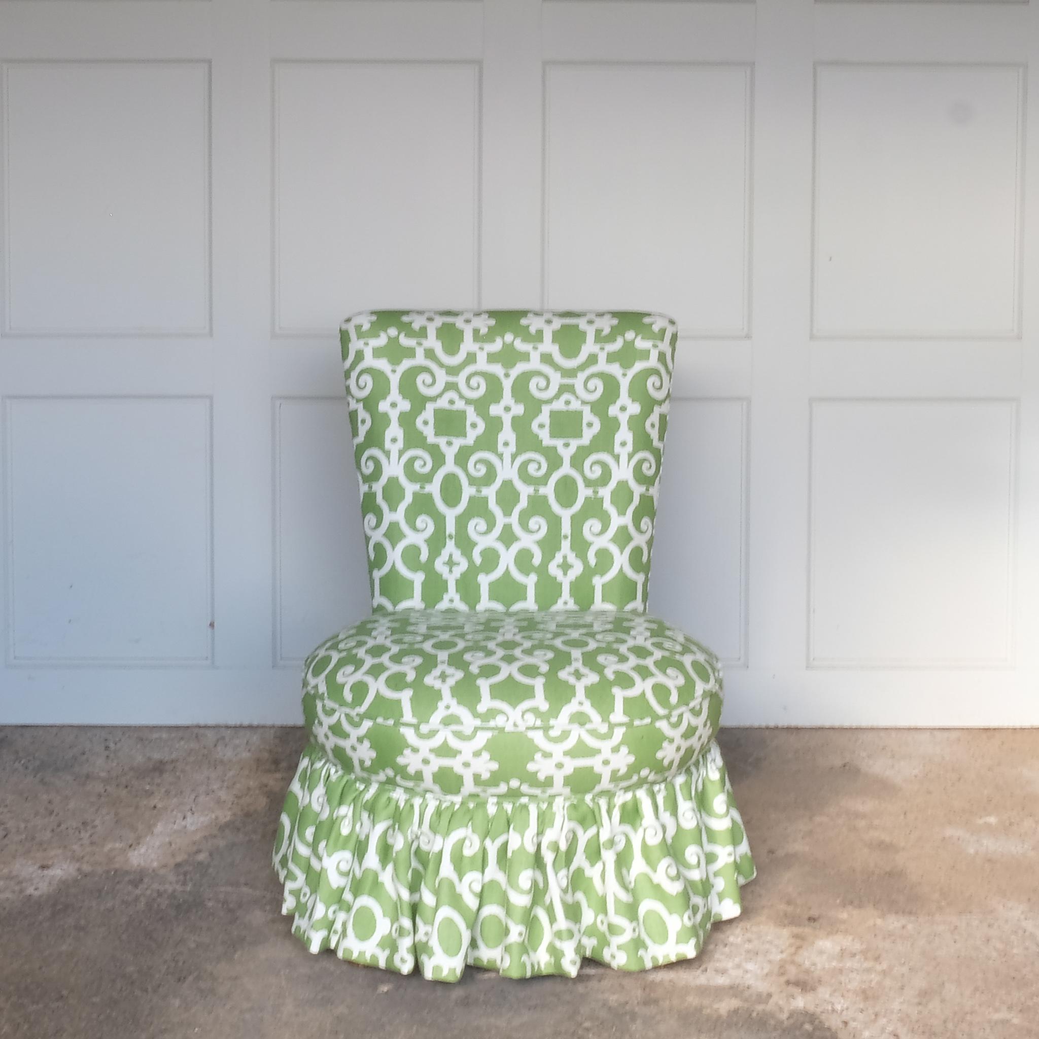 An elegant skirted slipper chair newly reupholstered in Stella (Wheatgrass) by Raoul Textiles for George Smith. Would work beautifully in a bedroom or smaller space.