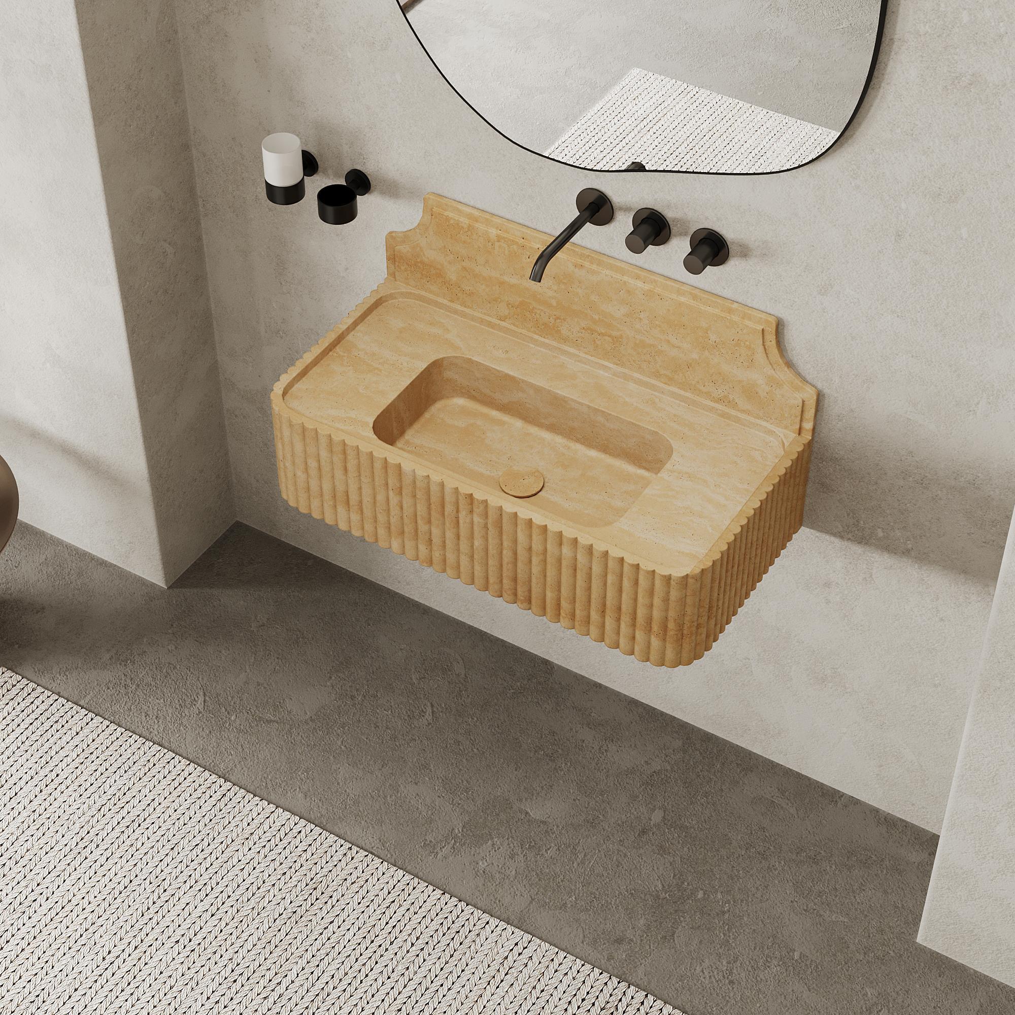Portuguese Skive - Ribbed Marble Basin - Beige Travertine - Large For Sale