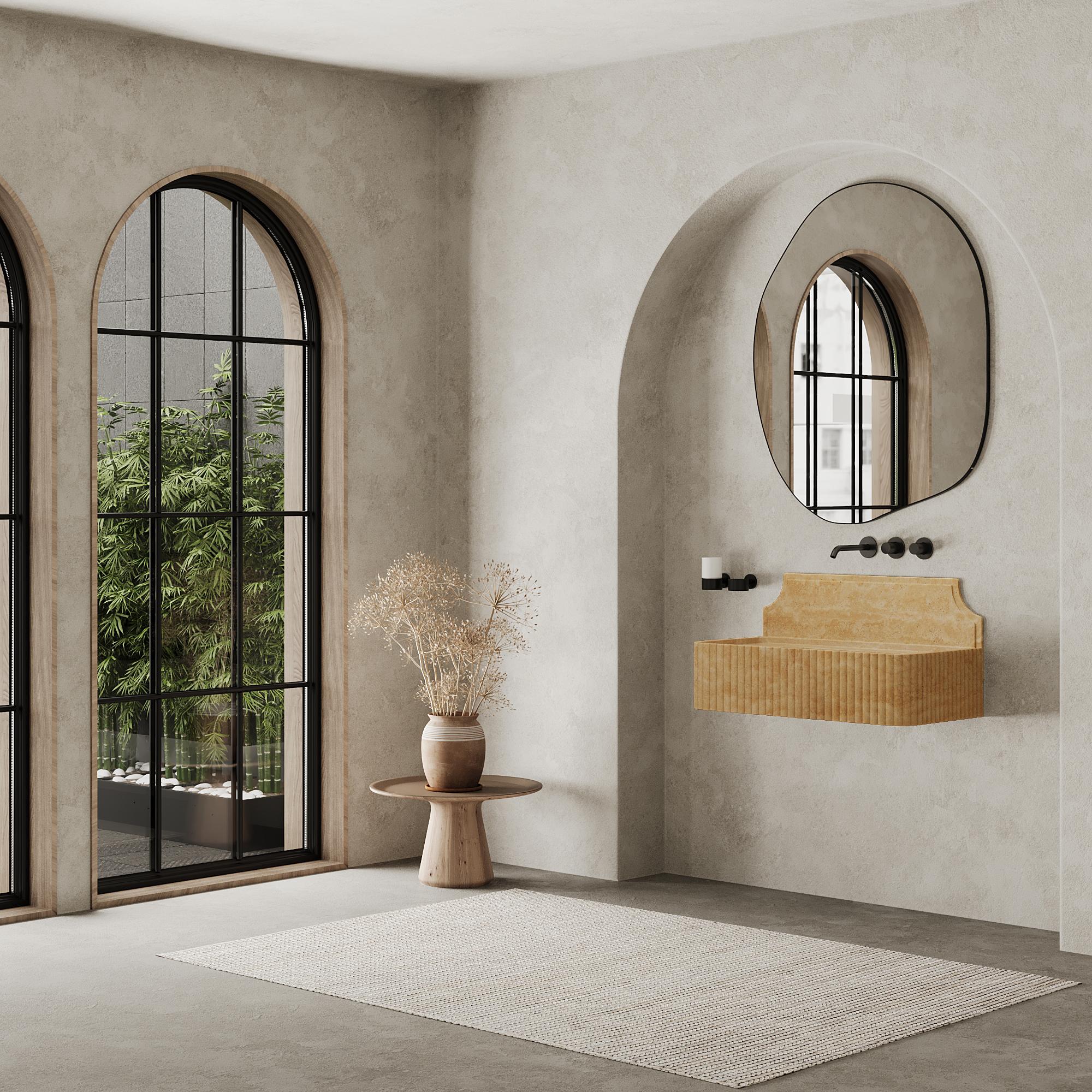 Hand-Crafted Skive - Ribbed Marble Basin - Beige Travertine - Large For Sale