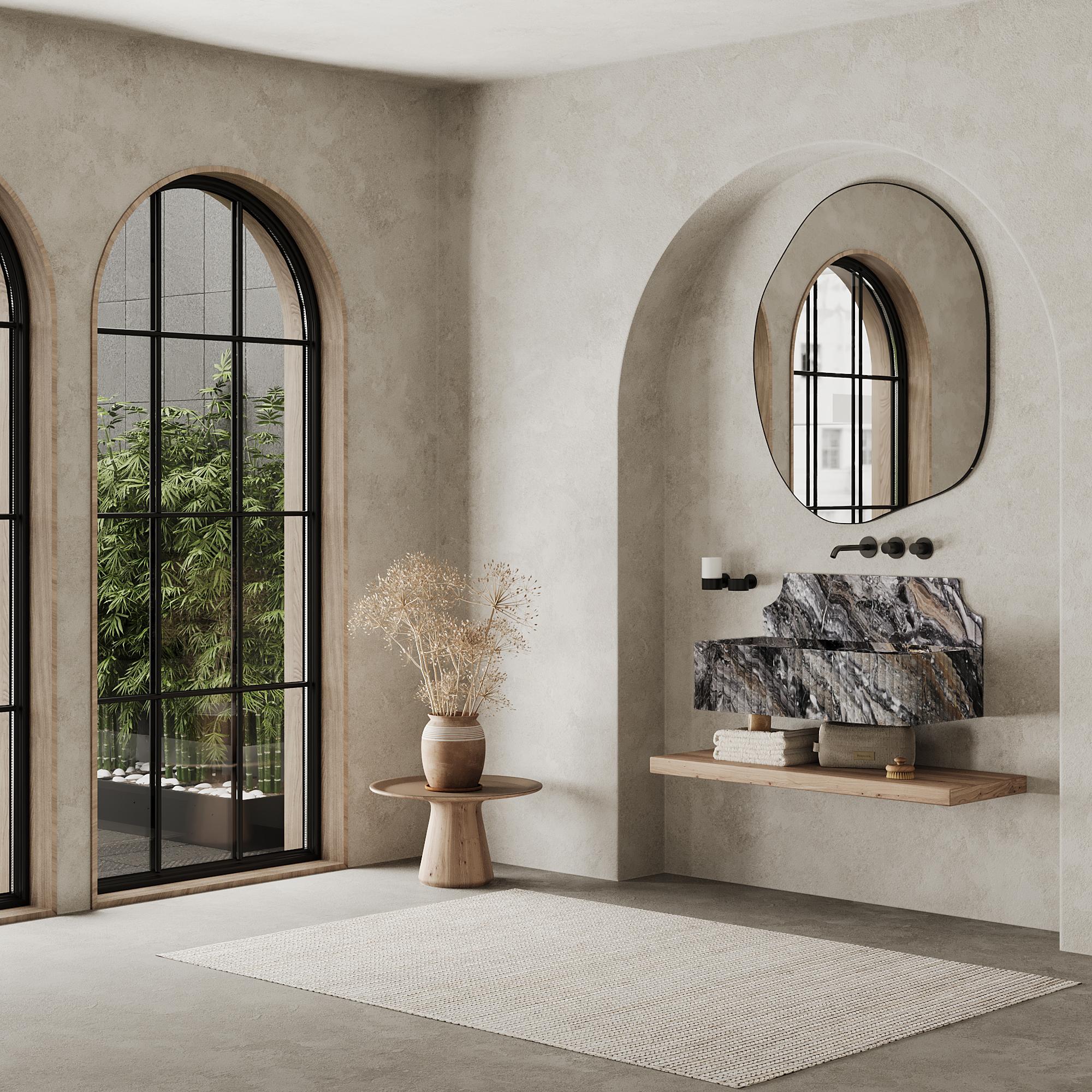 Skive - gerippter Marmor Basin - Grau Galaxy - Groß (Handgefertigt) im Angebot