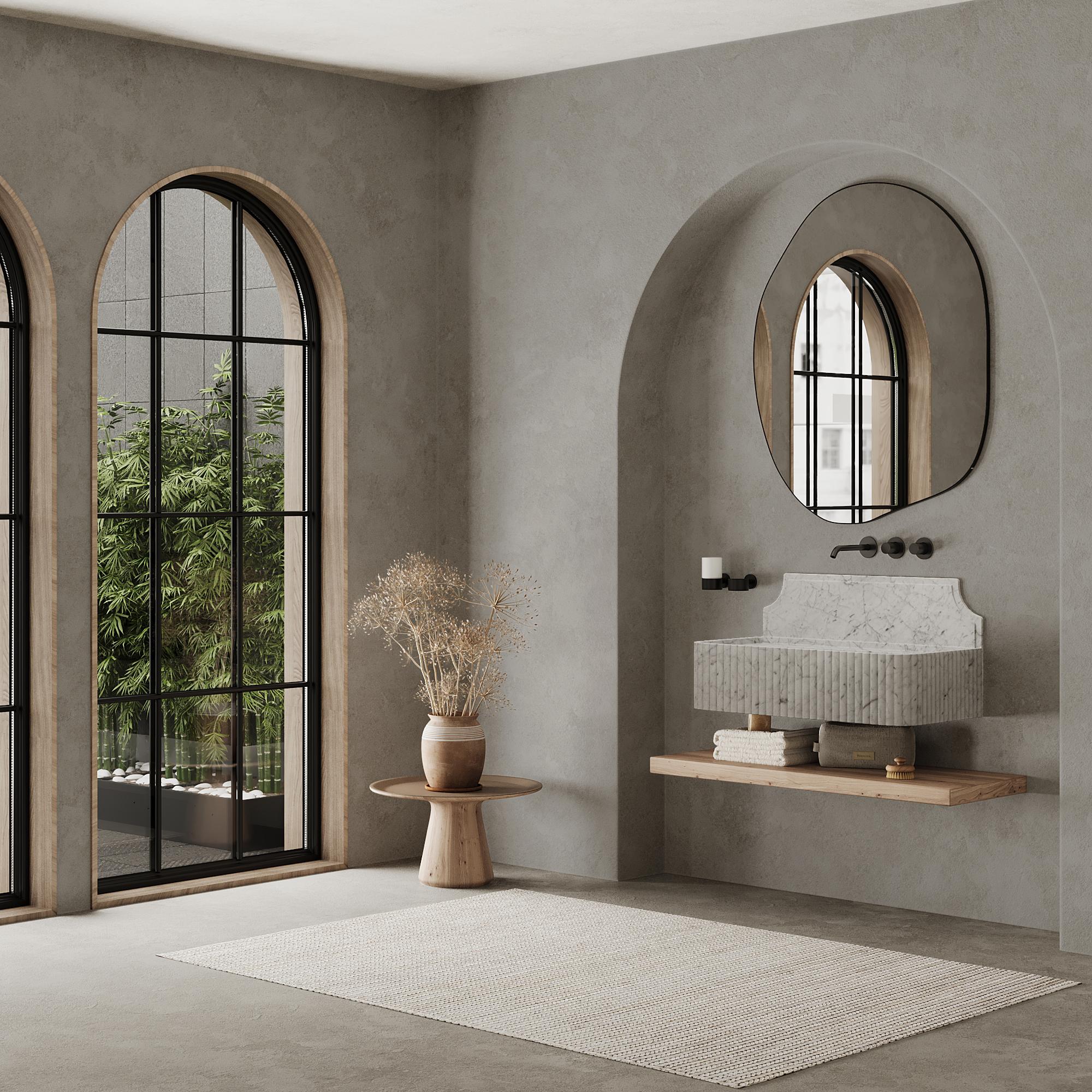 Akzentuieren Sie Ihr Badezimmer mit unserem schönen Skive Ribbed Marble Basin, einer perfekten Verbindung von minimalistischem Design und natürlicher Eleganz. Die schönen gerippten Details sorgen für eine einzigartige Optik und heben die