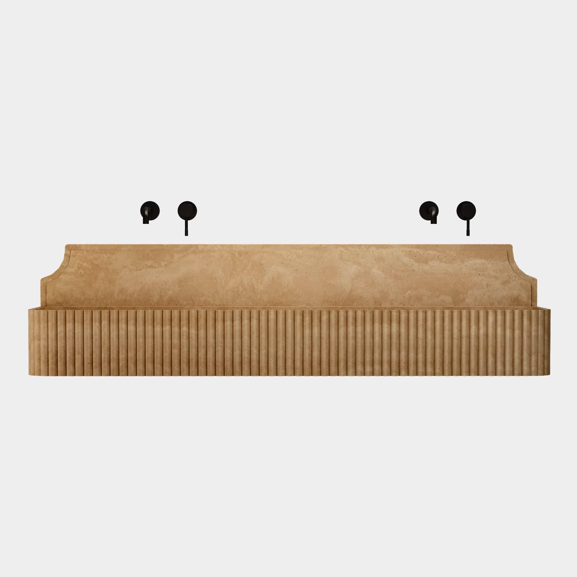 Scandinavian Modern Skive - Ribbed Marble Double Basin - Beige Travertine For Sale