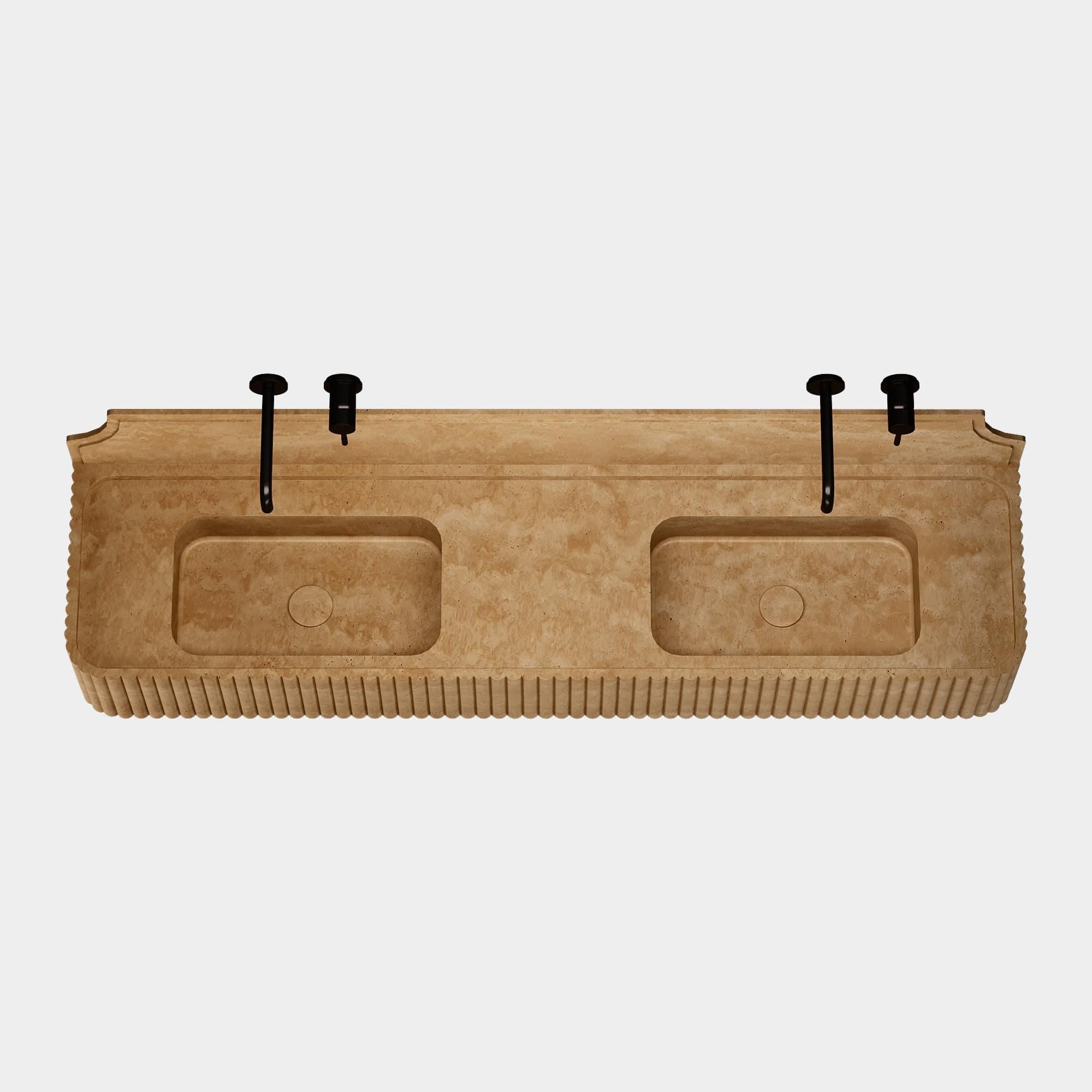 Portuguese Skive - Ribbed Marble Double Basin - Beige Travertine For Sale