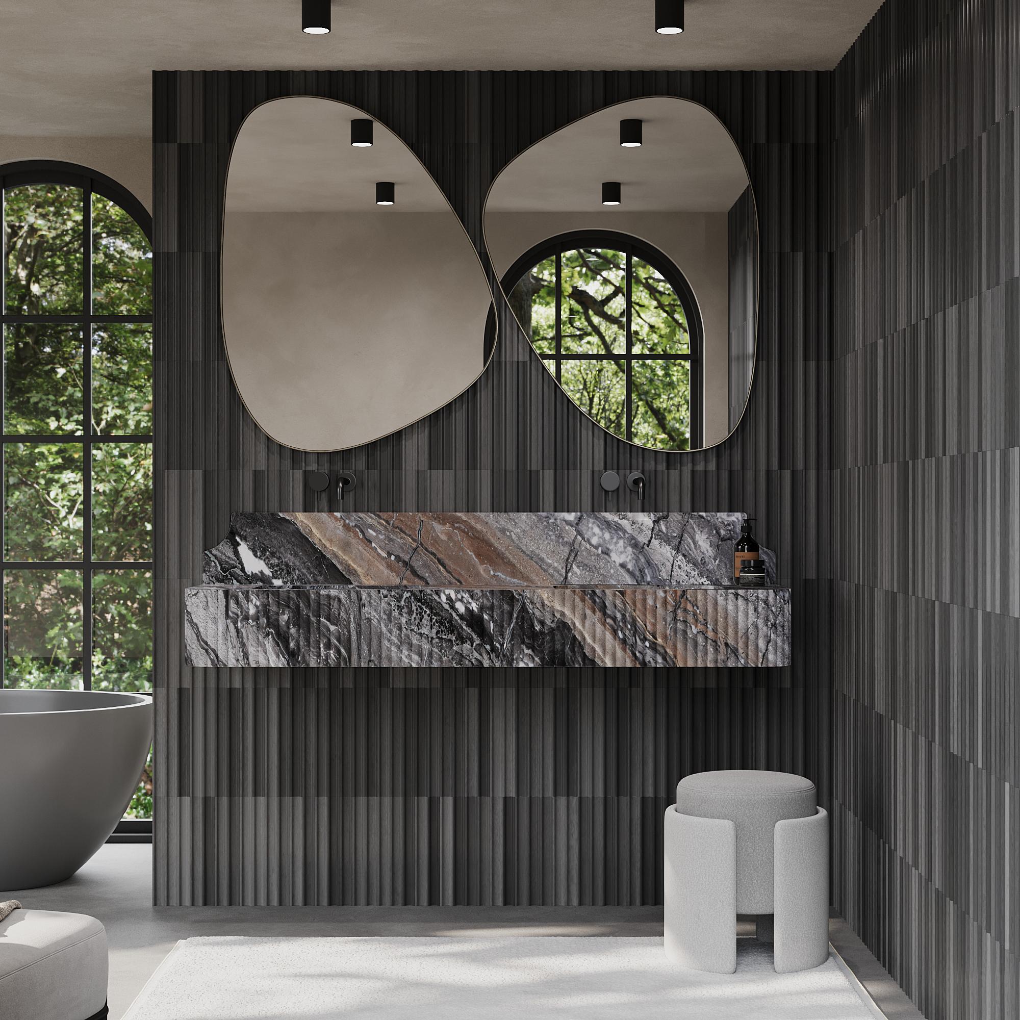 Hand-Crafted Skive - Ribbed Marble Double Basin - Grey Galaxy For Sale