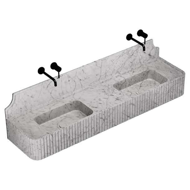 Horizontal Ribbed Marble Skive - Ribbed Marble Double Basin - White Carrara For Sale at 1stDibs