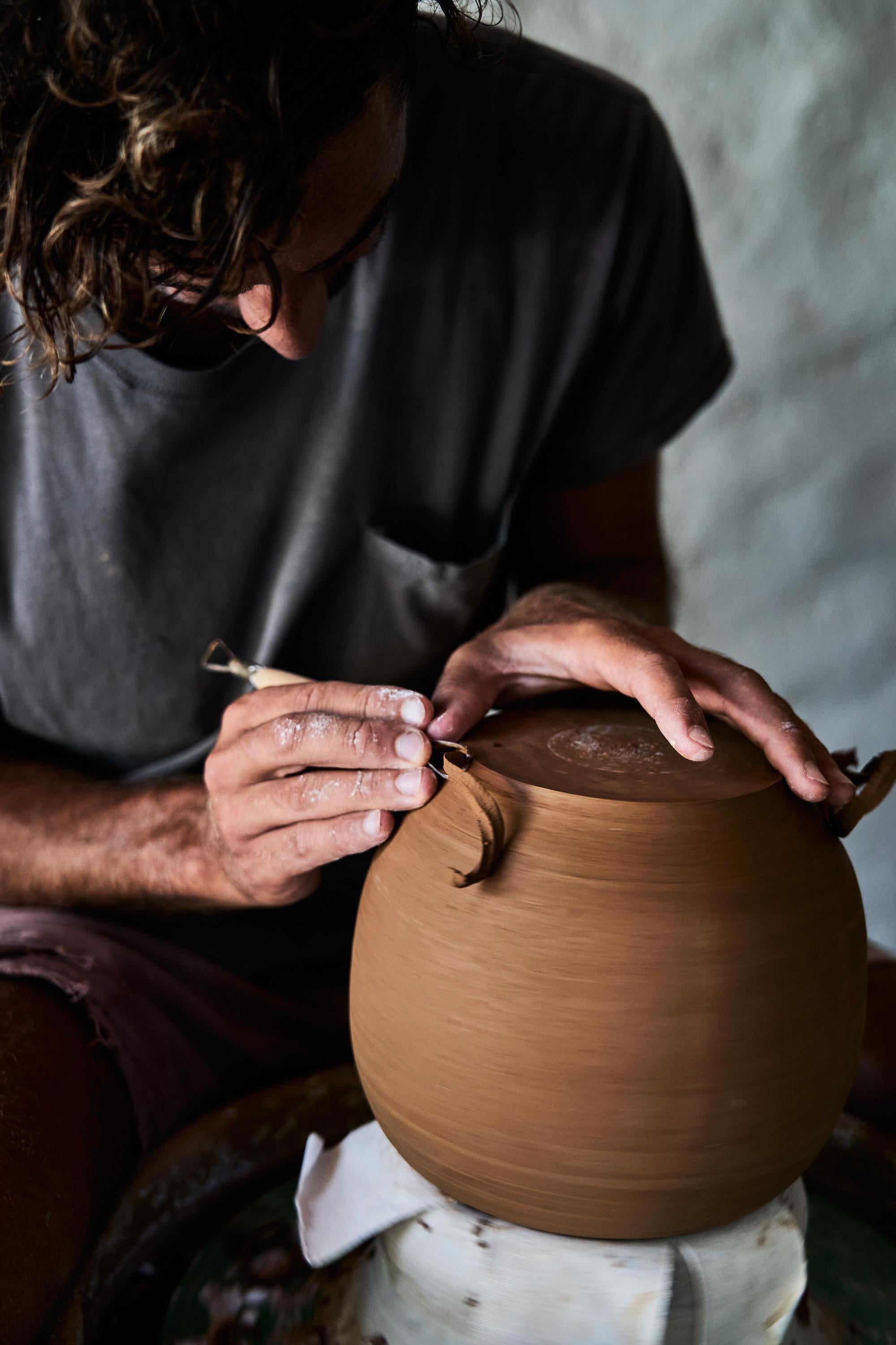 Hand-Crafted Skoby Joe Handmade Sand Light Stone Ceramic Vase Mid-Century Modern Vessel