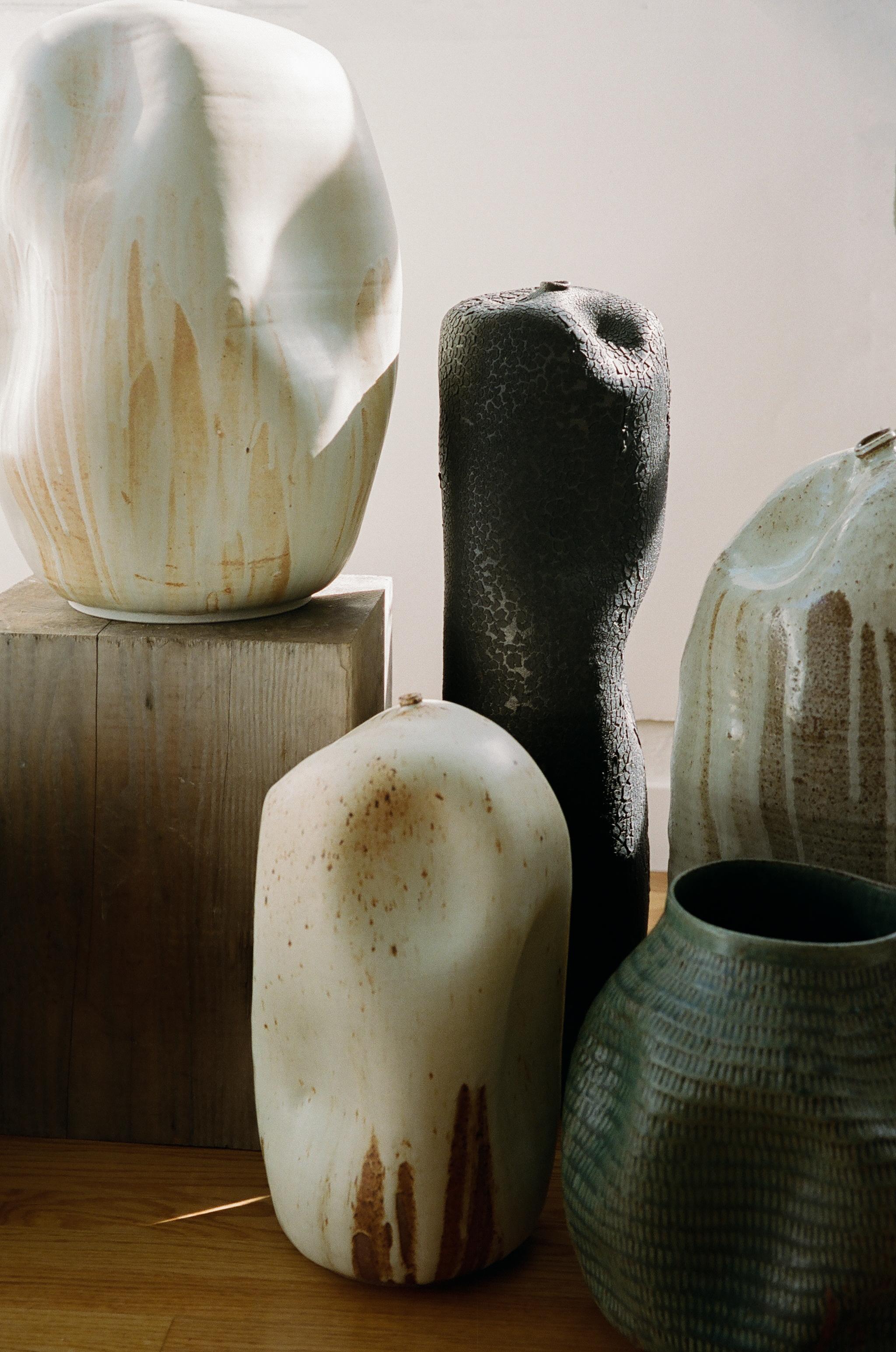 American Skoby Joe Tall Black Textured Ceramic Vase Mid-Century Modern Vessel Wabi Sabi For Sale