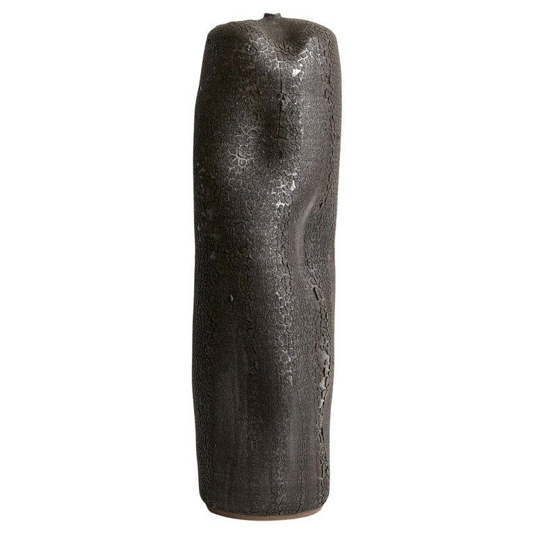 Skoby Joe Tall Black Textured Ceramic Vase Mid-Century Modern Vessel Wabi Sabi For Sale