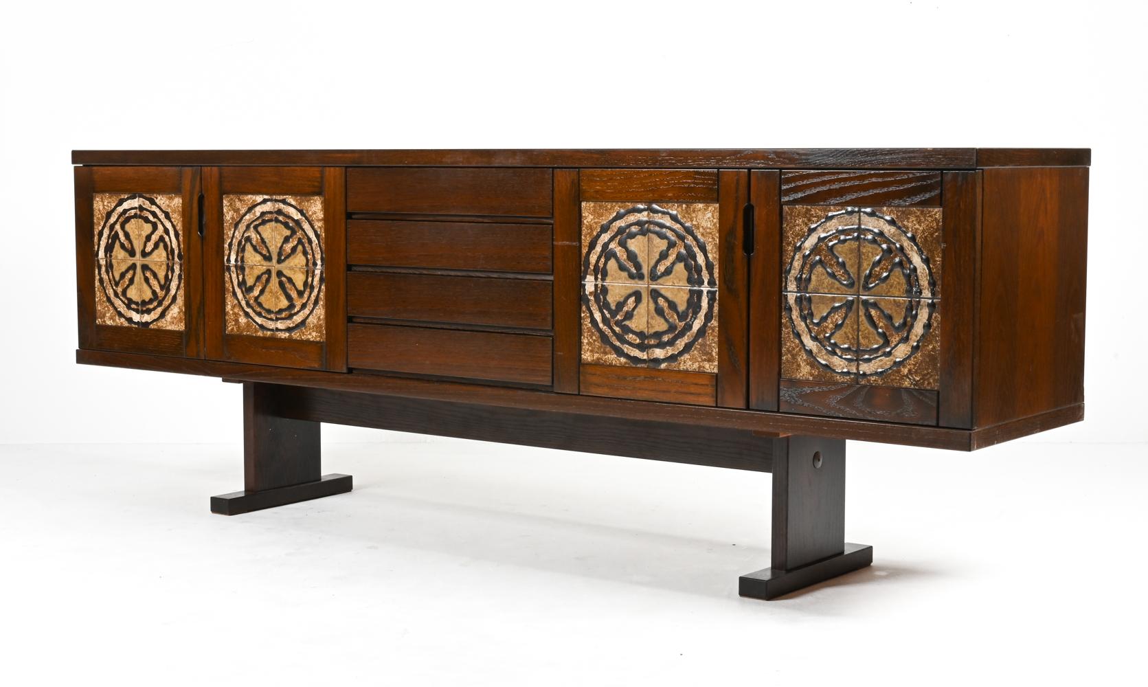 Scandinavian Modern Skovby Danish Oak Sideboard with Ox Art Tiles, 1970's For Sale