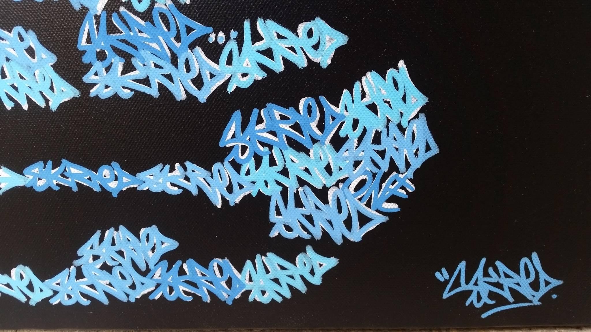 ROULLAND T (alias SKRED)

Pequeñas placas blaze (4 mm) blancas y azules, formando un cráneo humano.
Cada etiqueta se coloca de modo que toque el blasón del mismo color.
Fondo negro
firmado abajo a la derecha. Certificado del artista.
Pintura