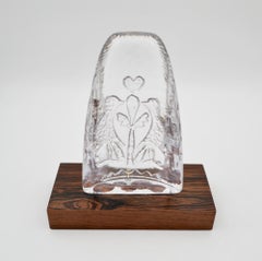 Skruf Glasbruk of Sweden Crystal Rune with Birds on a Wooden Base