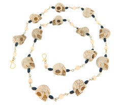 Handcrafted 800 Silver Skull Necklace with Onyx & Coral, Italy 1970