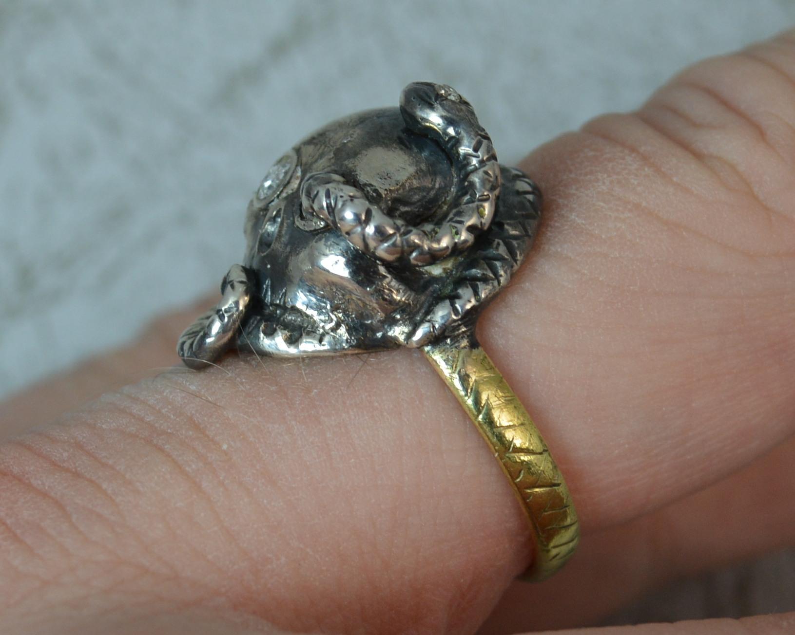 Skull and Snake Ring with Diamonds in 9 Carat Gold In Excellent Condition In St Helens, GB