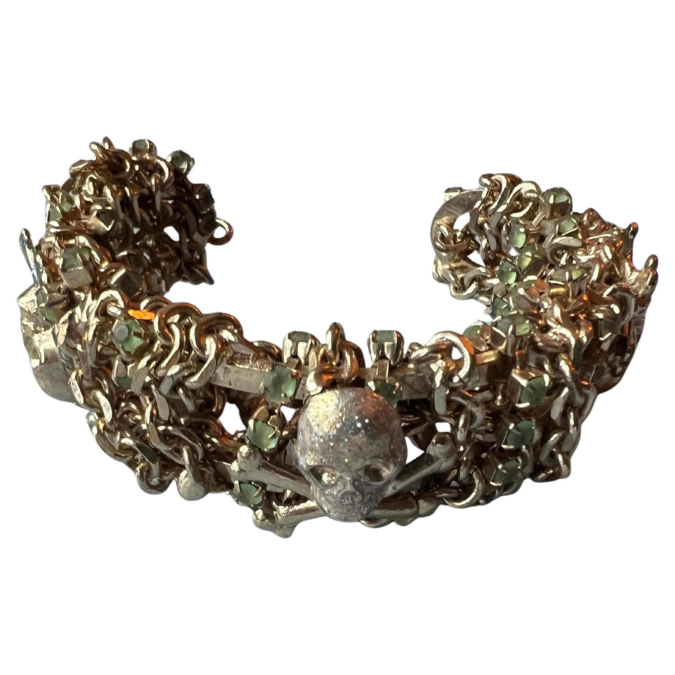 Gold Sculptural Chain Cuff Skull Bracelet Crystal Enamel Gold Vintage For Sale