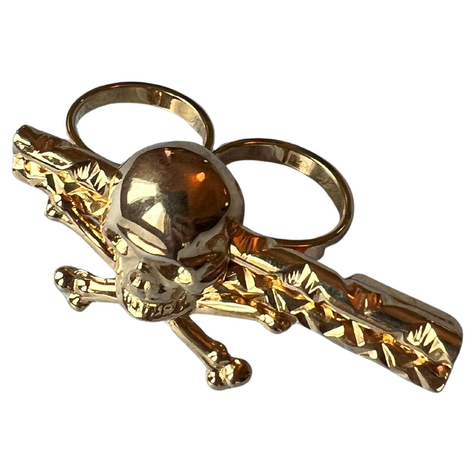 Modern Skull Bones Ring Double Finger Gold Plated For Sale