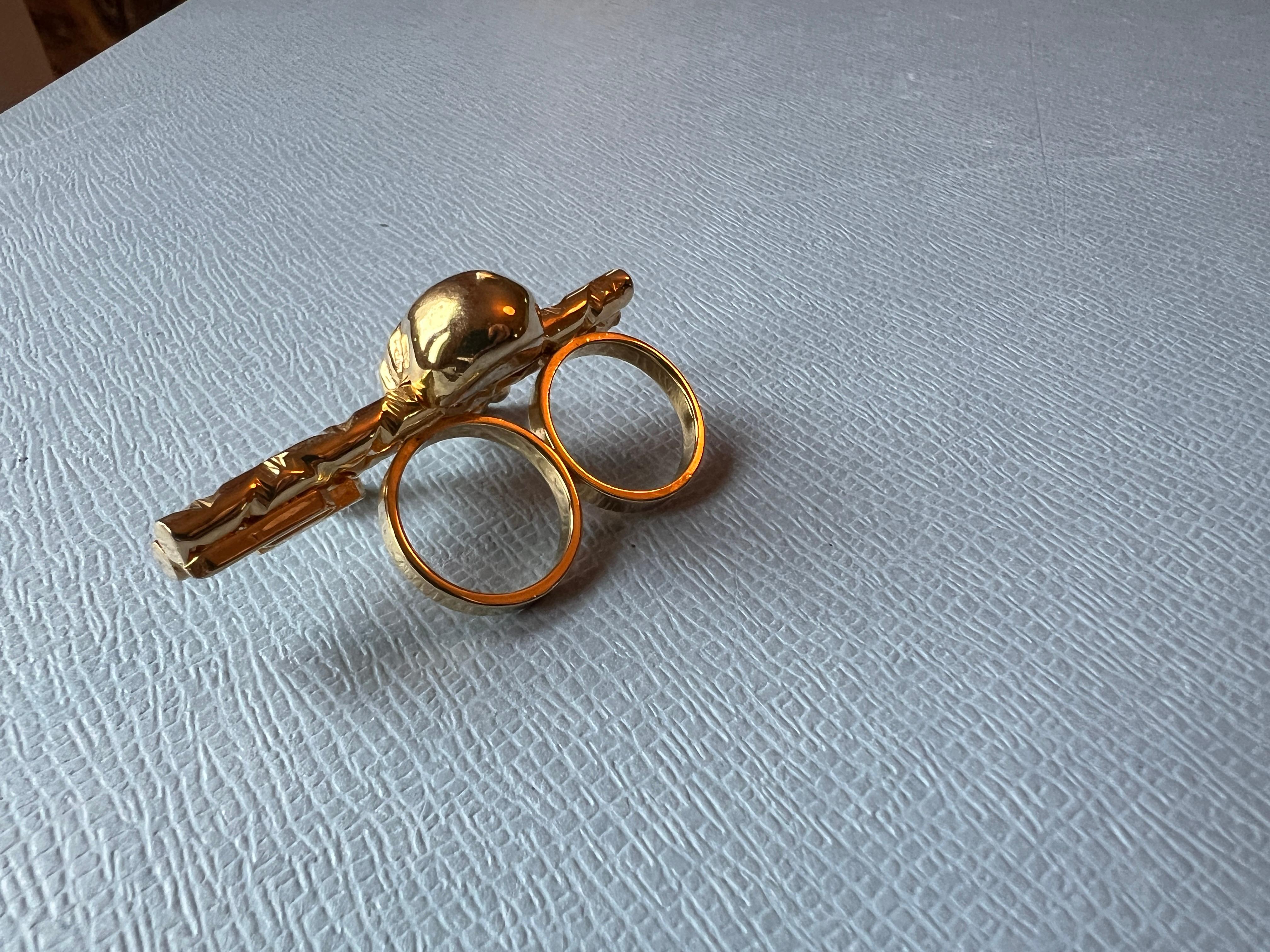 Skull Bones Ring Double Finger Gold Plated For Sale 1