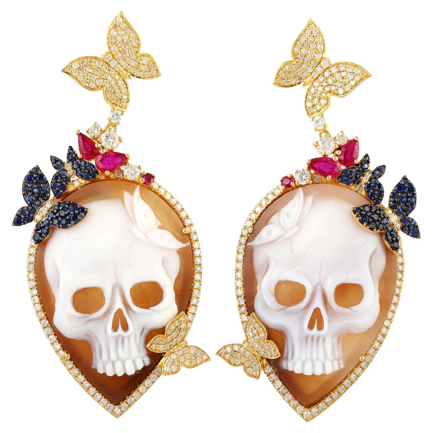 Skull Cameo Butterfly Diamond 18 Karat Gold Earrings For Sale