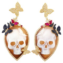 Skull Cameo Butterfly Diamond 18 Karat Gold Earrings