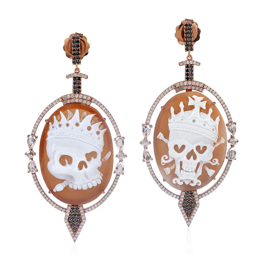 Mixed Cut Skull Cameo Earrings With Diamonds Made in 18k Gold & Silver For Sale