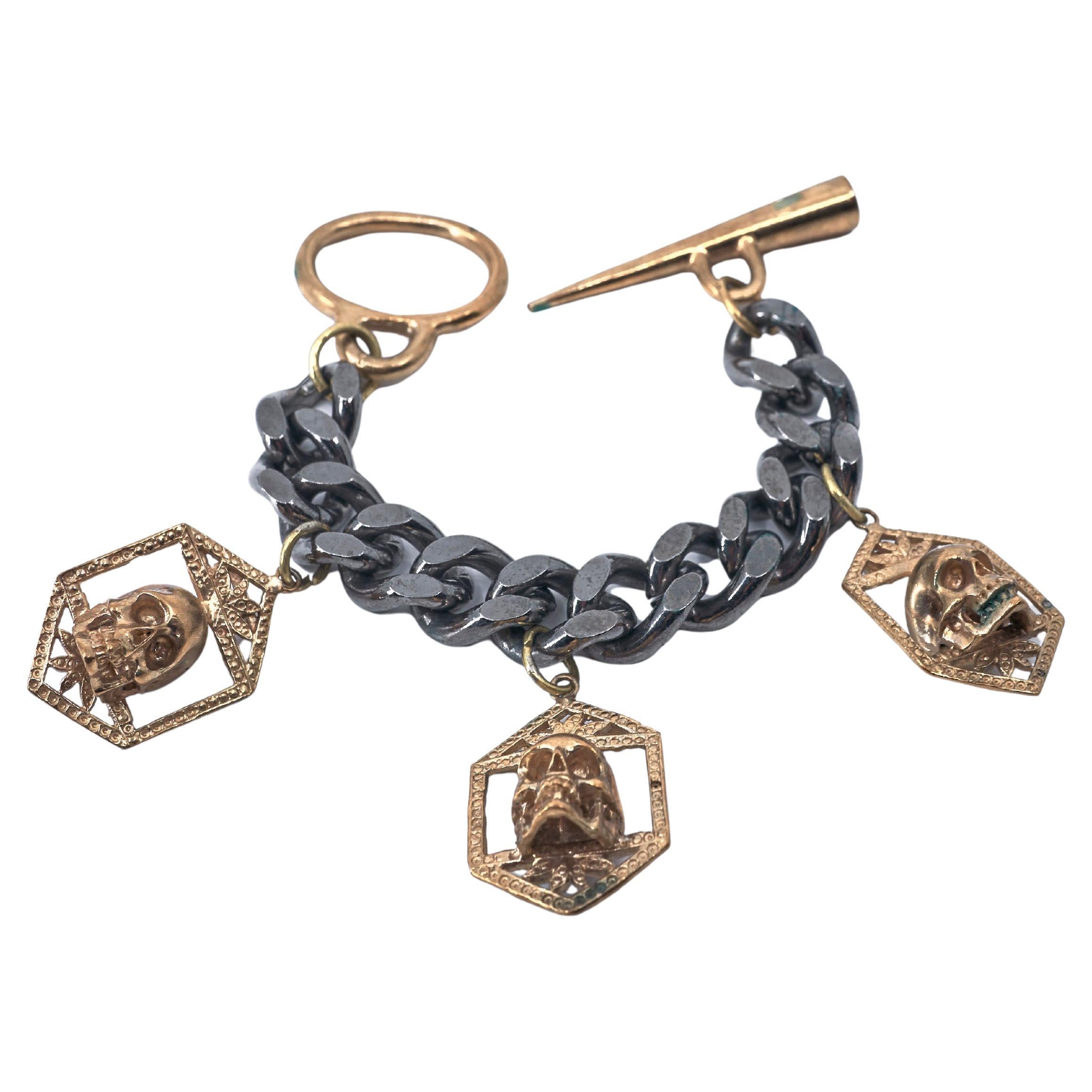 Skull Bracelet Charm Chain Bracelet Gun Metal Bronze J Dauphin For Sale