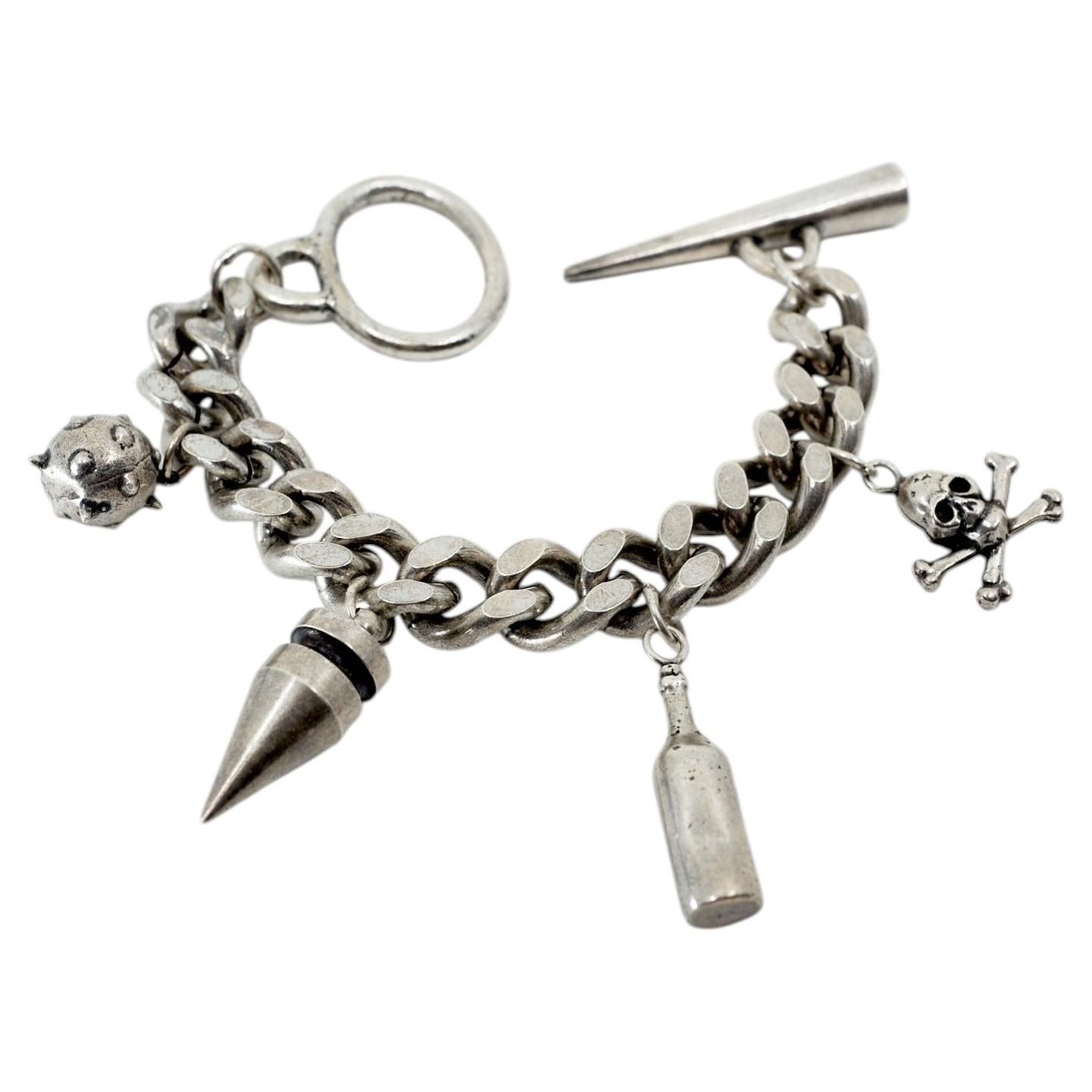 Charm Chain Bracelet Curb Skull Stud Silver J Dauphin For Sale