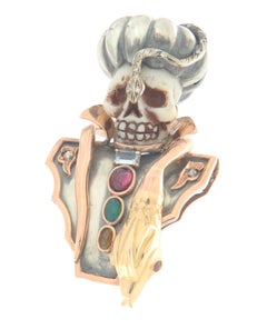 Skull Coral Diamonds Aquamarine 9 And 18 Karat Yellow Gold Brooch