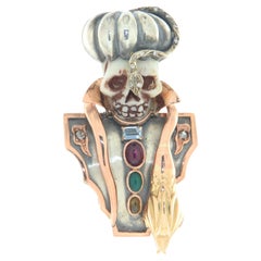 Skull Coral Diamonds Aquamarine 9 And 18 Karat Yellow Gold Brooch