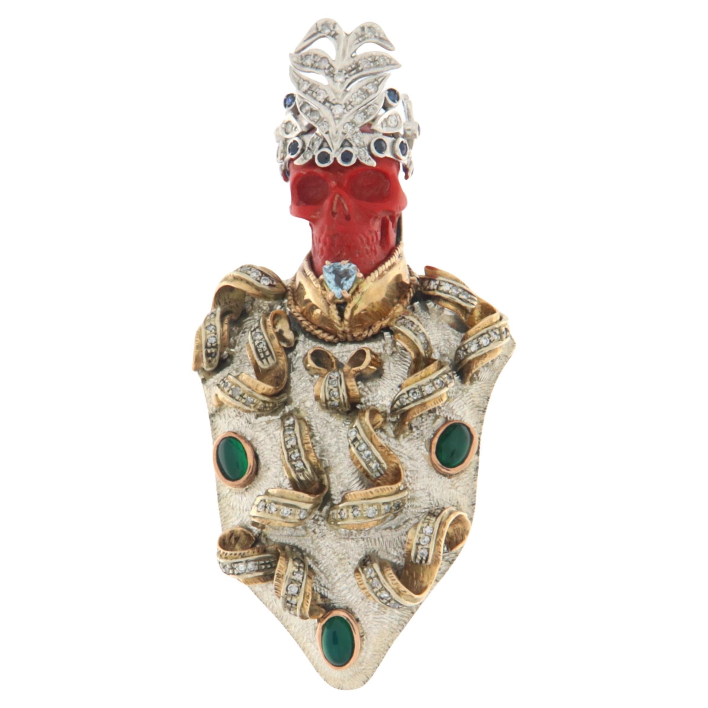 Skull Coral Diamonds Aquamarine Agate Sapphires 14 Karat Yellow Gold Brooch