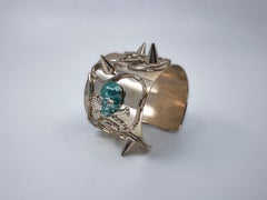 Skull Cuff Bracelet Studs Gold Plated Green Glitter Enamel Made in Paris