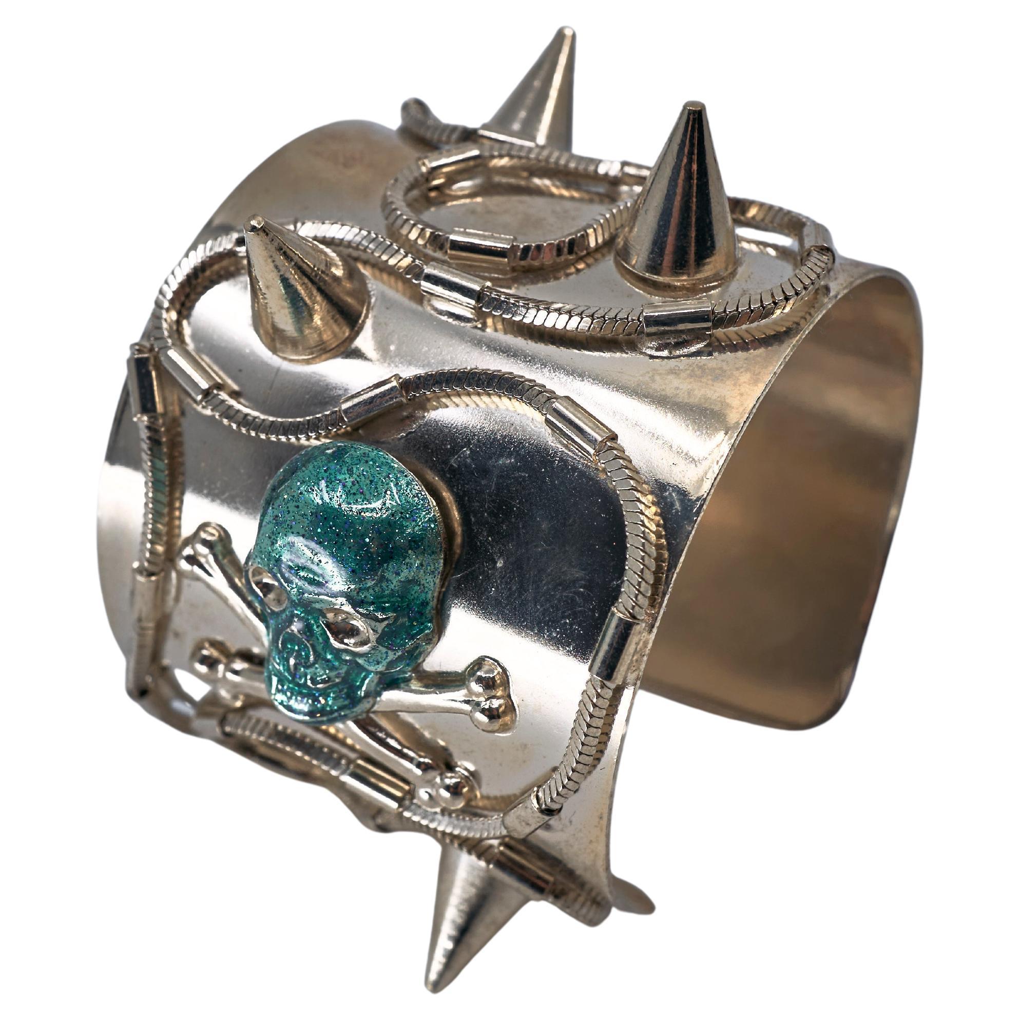 Skull Cuff Spike Stud Bracelet Green Pink Enamel Gold Plated Made in Paris For Sale