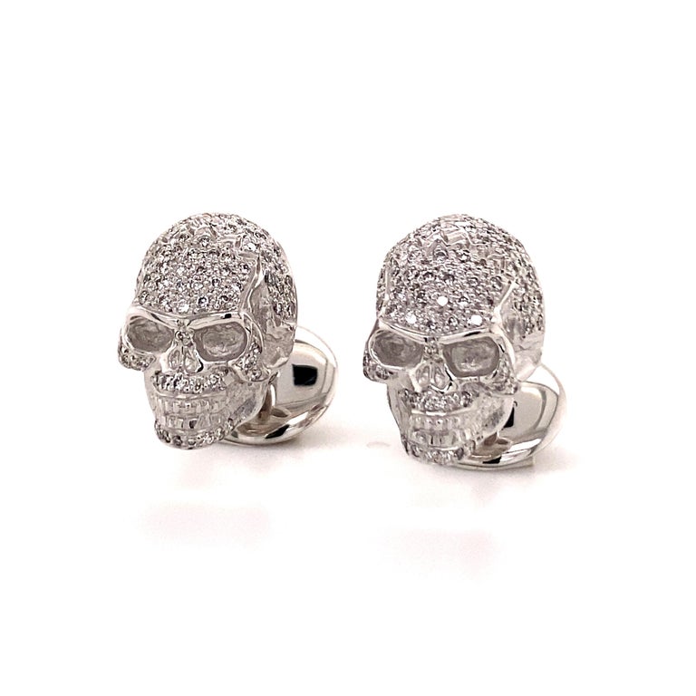 Contemporary Skull Cufflinks with Diamonds in 18 Karat White Gold For Sale