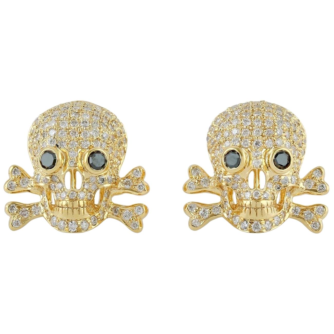 Skull Diamond 18 Karat Gold Earrings For Sale